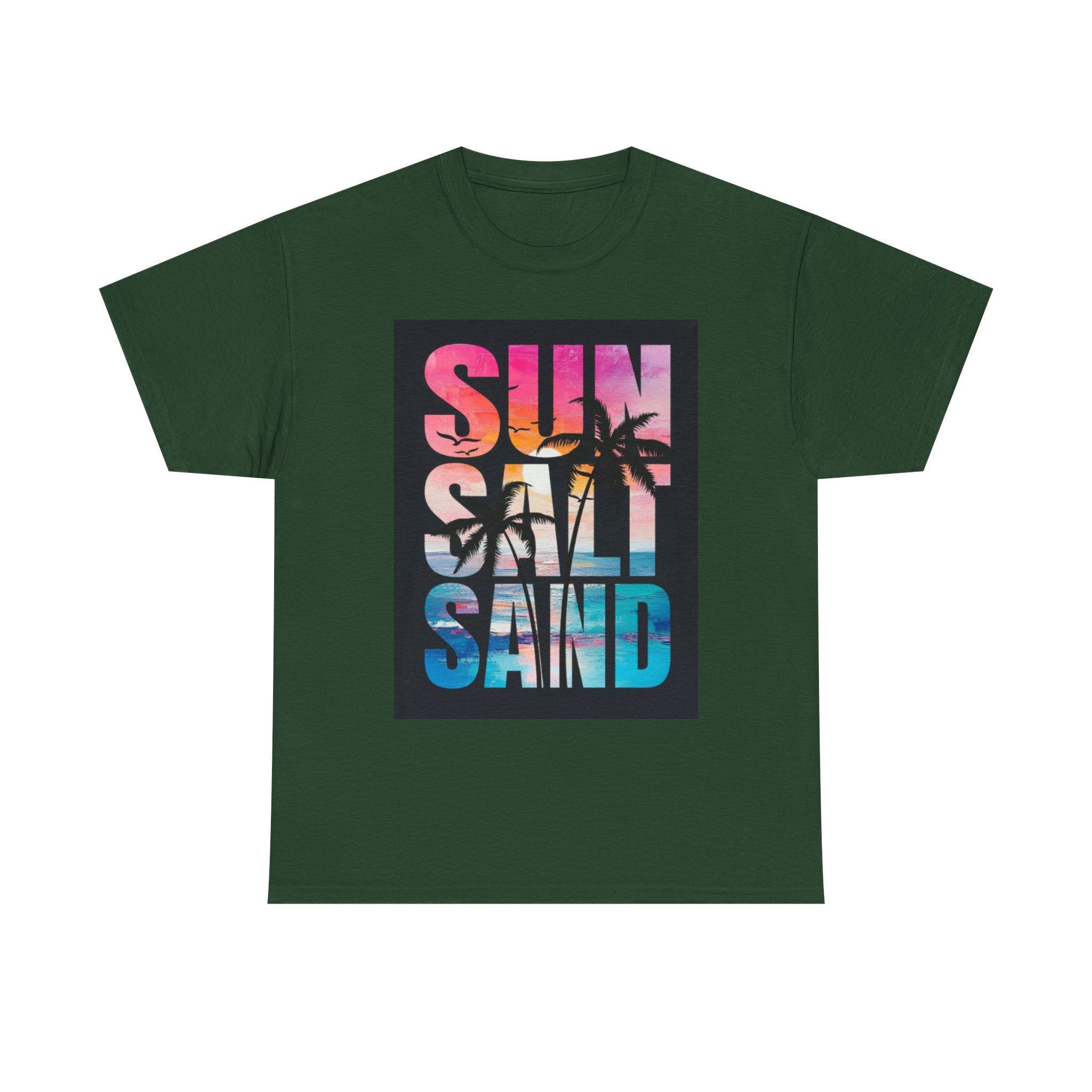 Sun Salt Sand Beach T-Shirt — Tropical Palm Sunset Graphic Tee