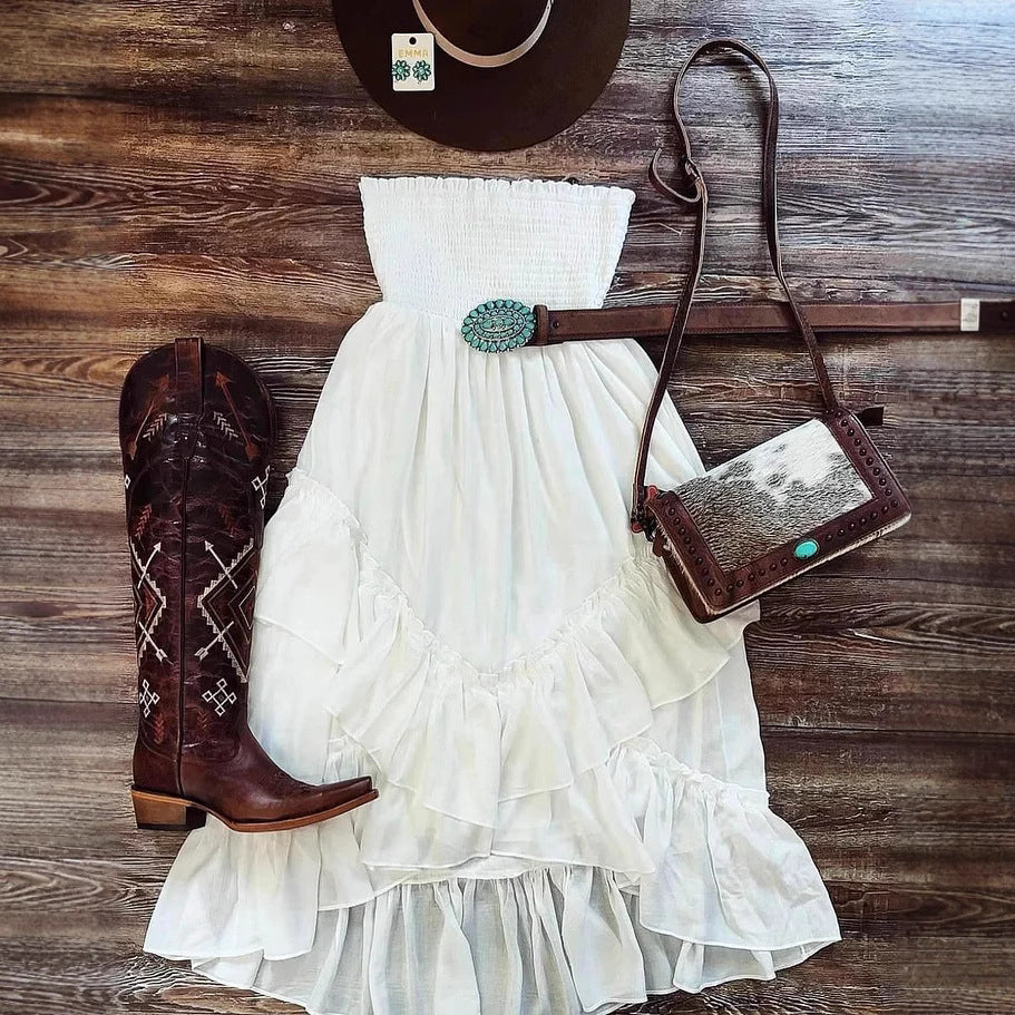 Casual Loose-fitting Fashionable Solid-color Tube Top Sleeveless Pleated Beach-style Dress