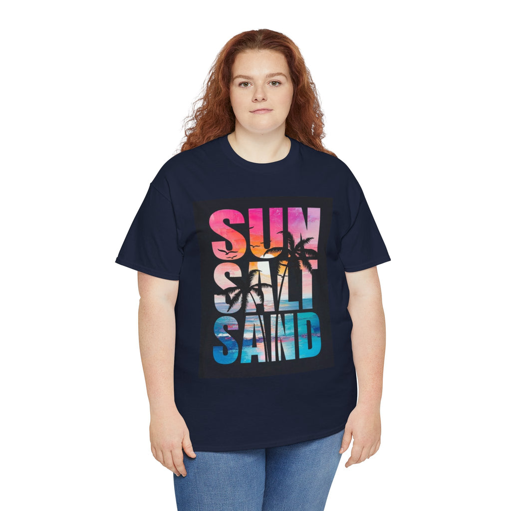 Sun Salt Sand Beach T-Shirt — Tropical Palm Sunset Graphic Tee