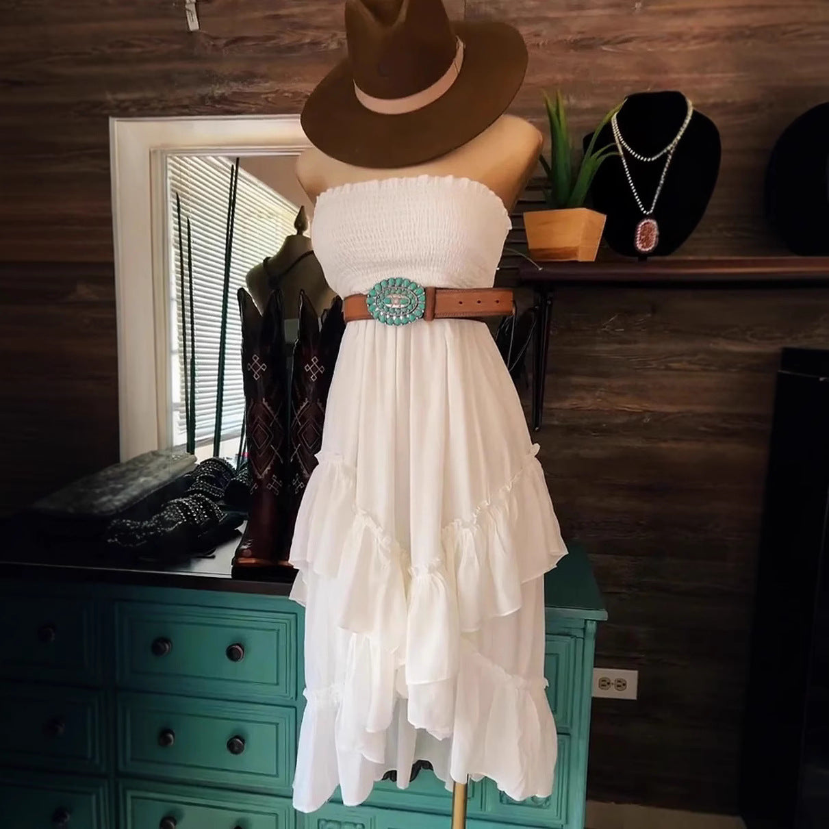 Casual Loose-fitting Fashionable Solid-color Tube Top Sleeveless Pleated Beach-style Dress