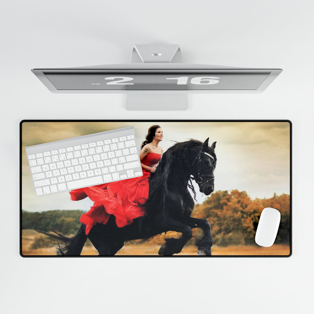 Equestrian Fantasy Desk Mat — Woman in Red on Black Stallion