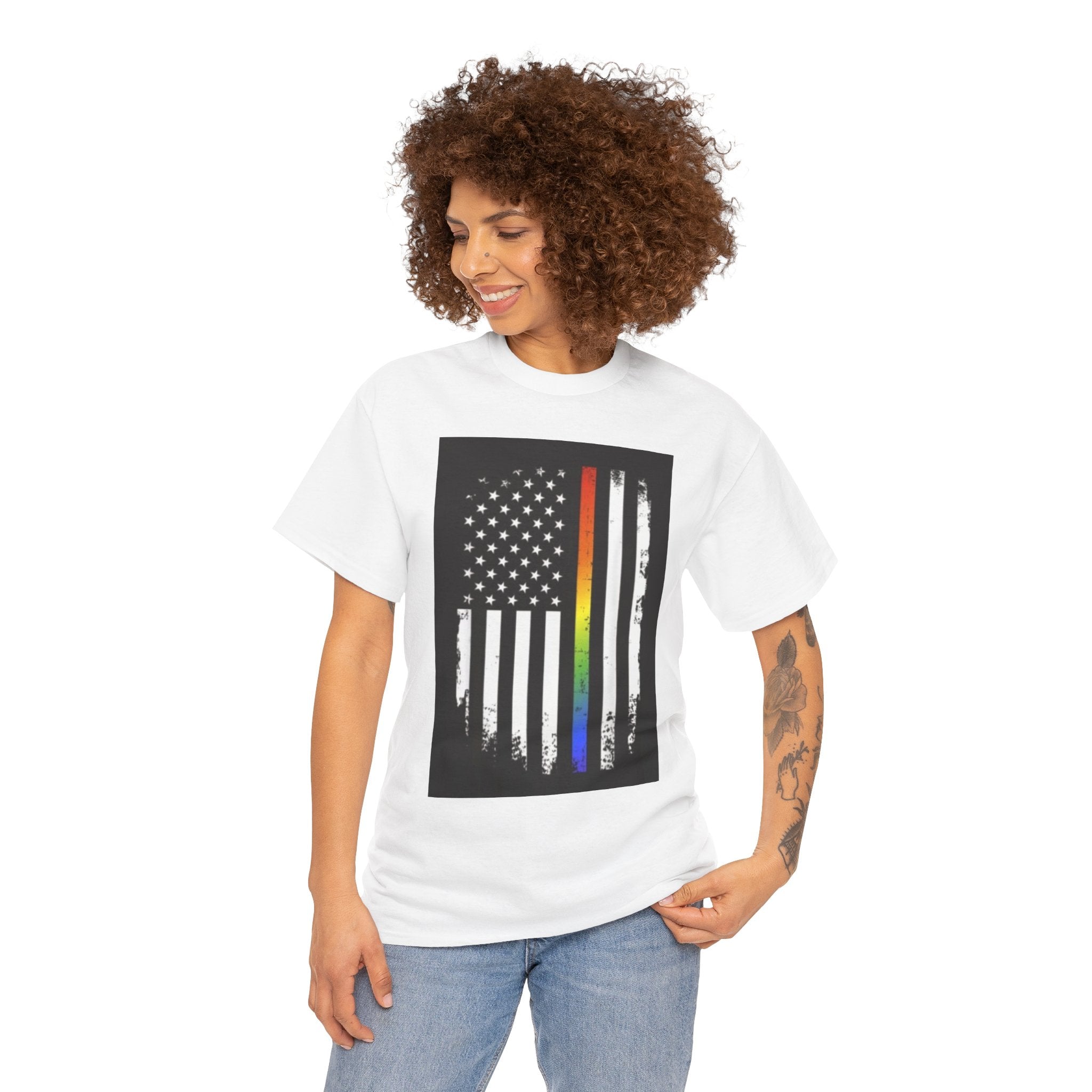 LGBTQ+ Pride Flag T‑Shirt — Distressed American Flag with Rainbow Stripe