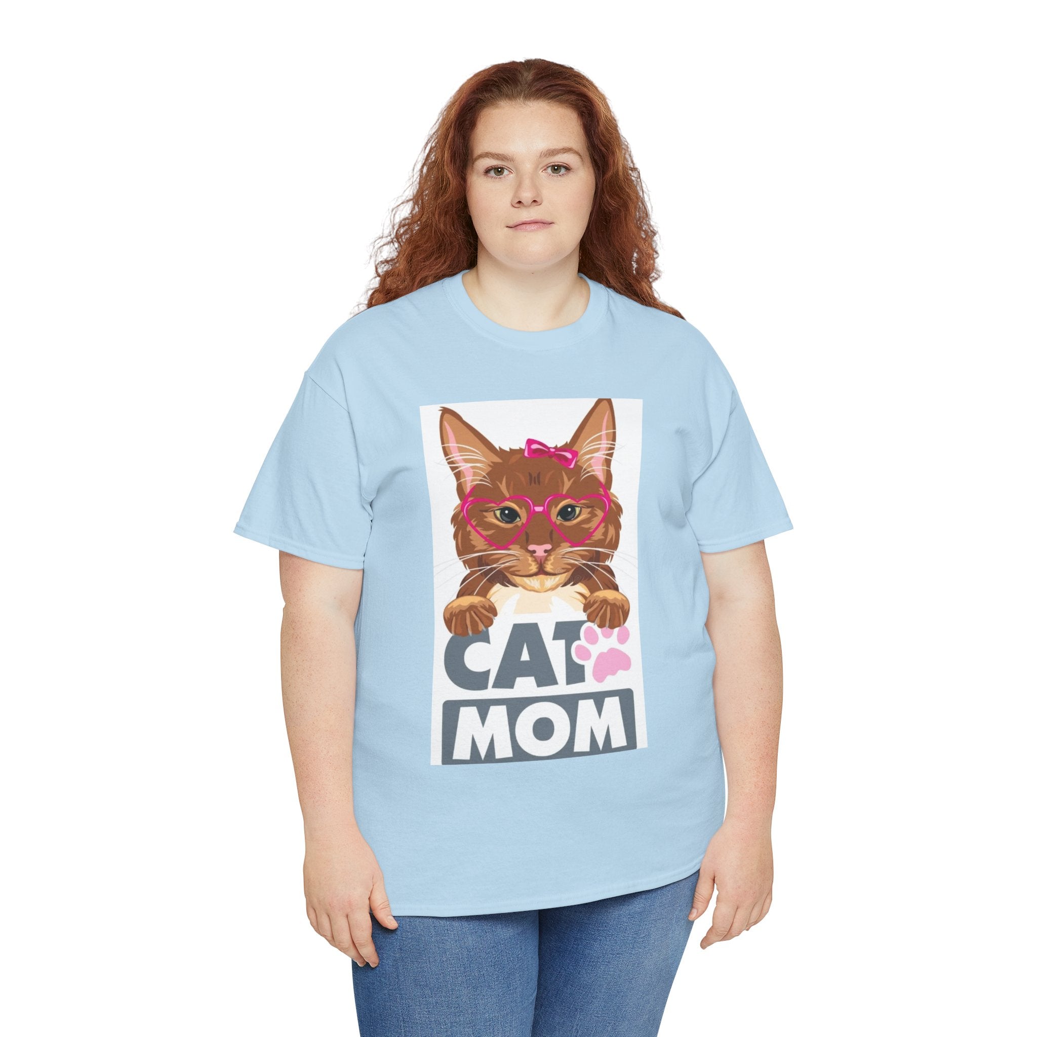 Cat Mom T-Shirt — Cute Cat Face Graphic Tee with "CAT MOM" Paw Print