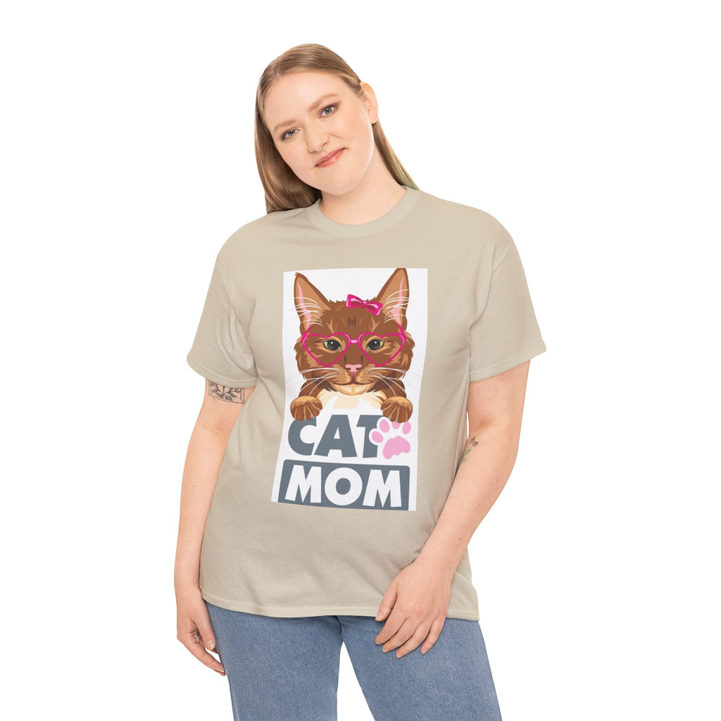 Cat Mom T-Shirt — Cute Cat Face Graphic Tee with "CAT MOM" Paw Print