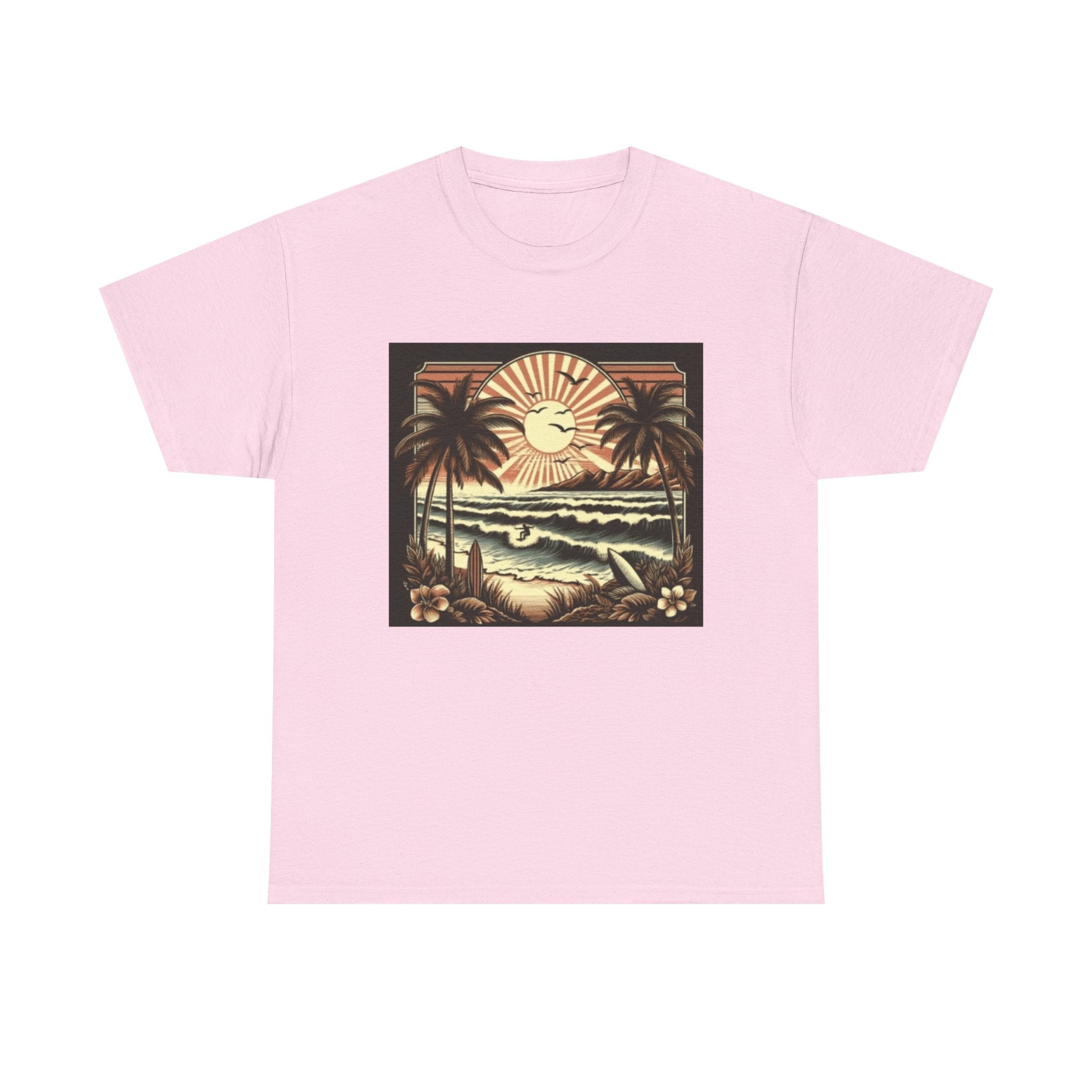 Retro Tropical Beach T-Shirt — Vintage Palm Sunset Graphic Tee