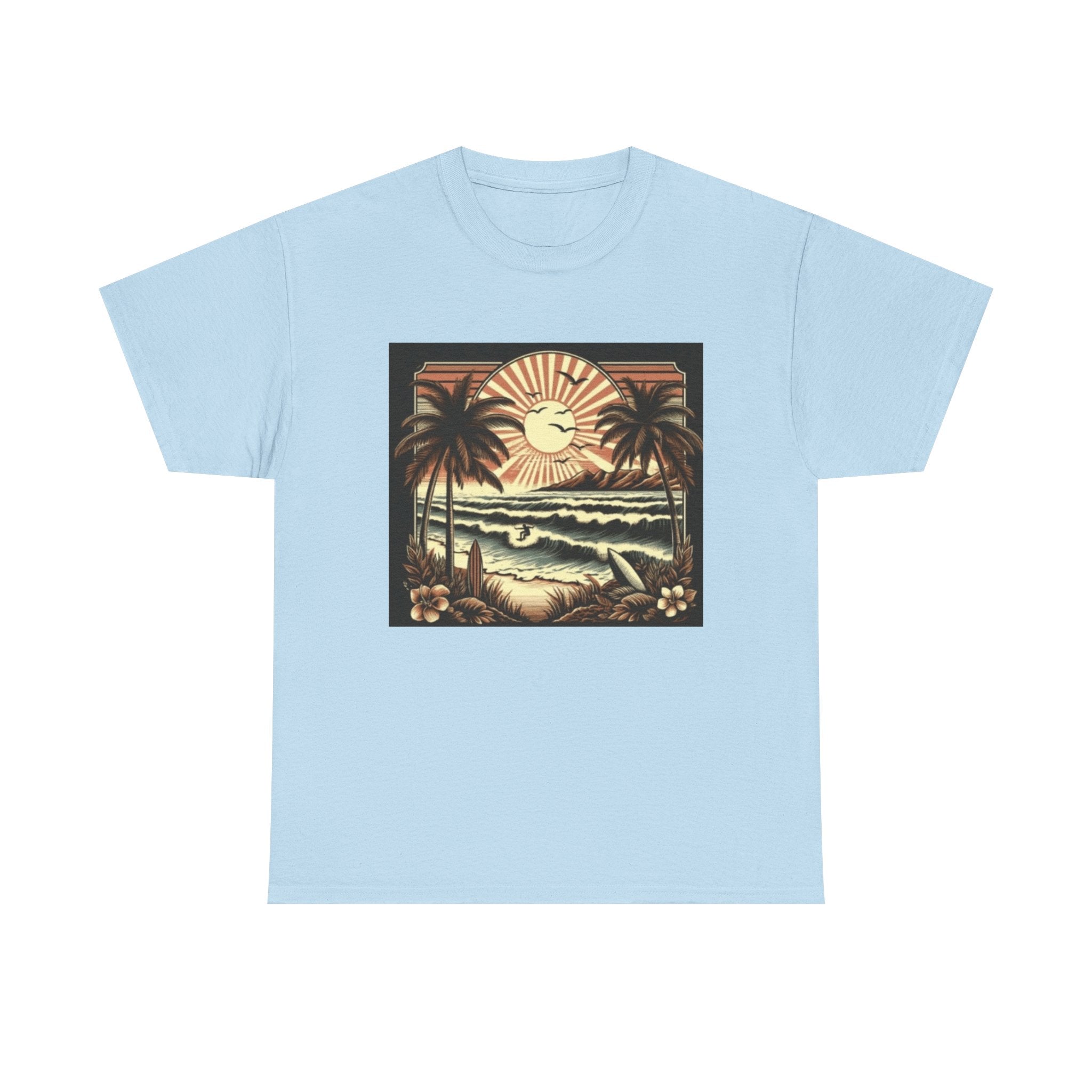 Retro Tropical Beach T-Shirt — Vintage Palm Sunset Graphic Tee