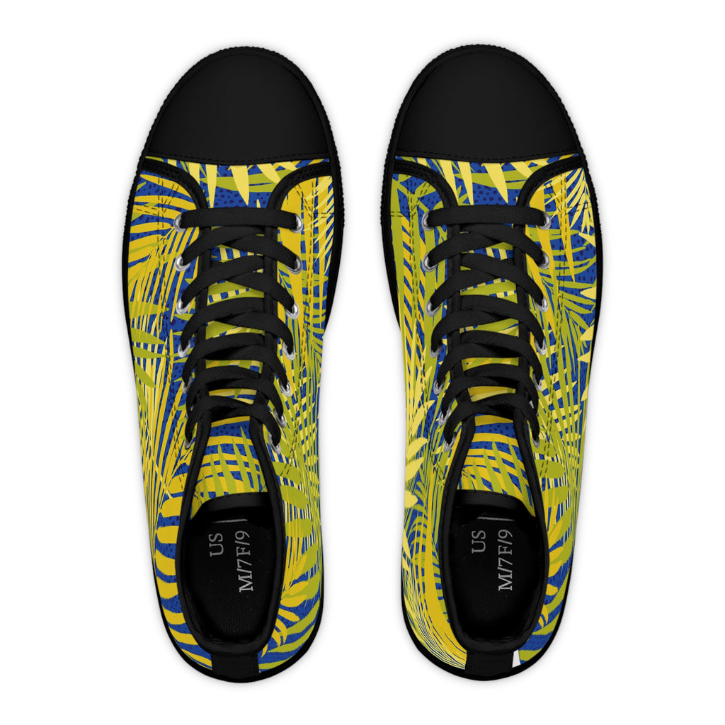 Tropical Palm High-Top Sneakers — Yellow & Blue Palm Leaf Women's Canvas Shoes