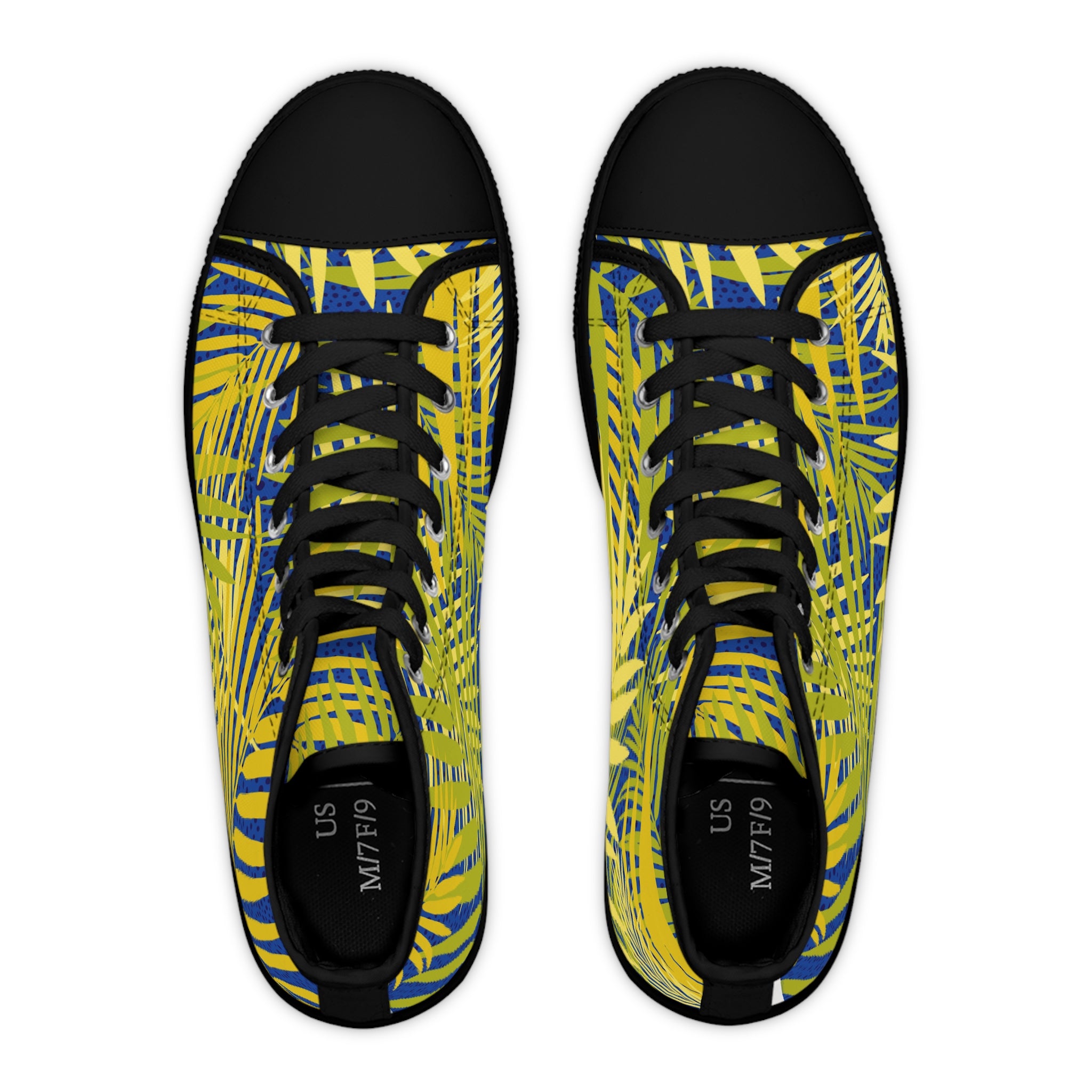 Tropical Palm High-Top Sneakers — Yellow & Blue Palm Leaf Women's Canvas Shoes