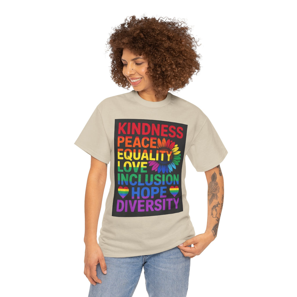 Kindness Peace Equality Rainbow T-Shirt — Pride Inclusion & Diversity Tee
