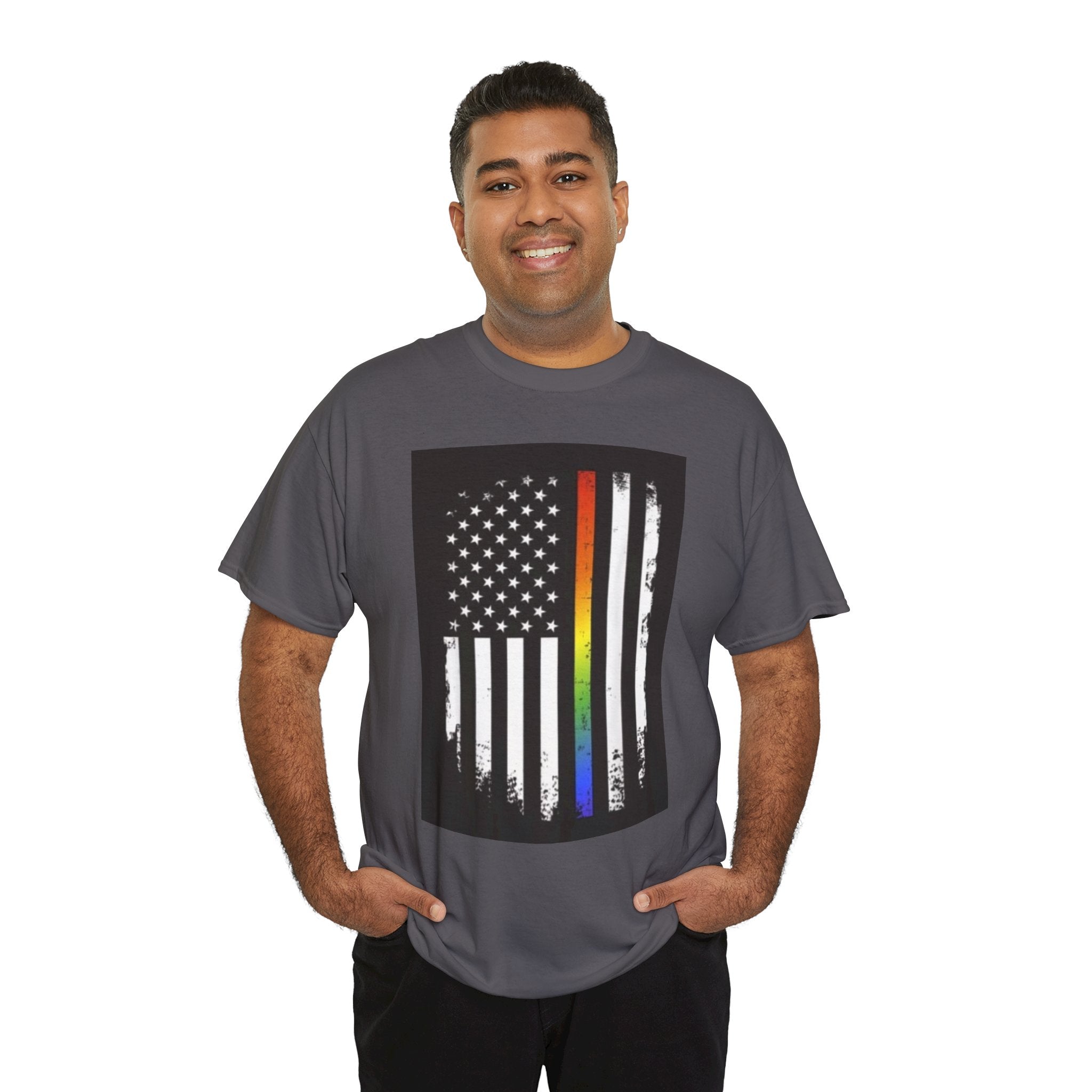 LGBTQ+ Pride Flag T‑Shirt — Distressed American Flag with Rainbow Stripe