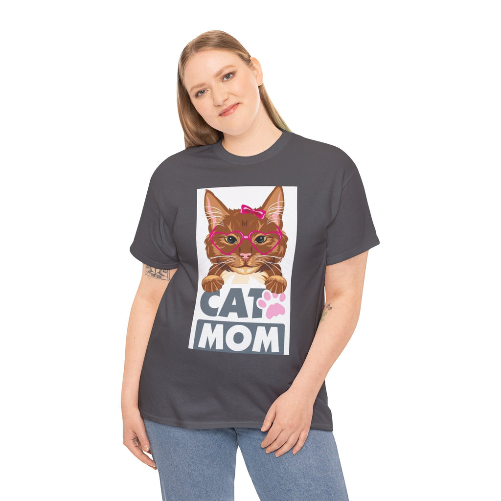 Cat Mom T-Shirt — Cute Cat Face Graphic Tee with "CAT MOM" Paw Print