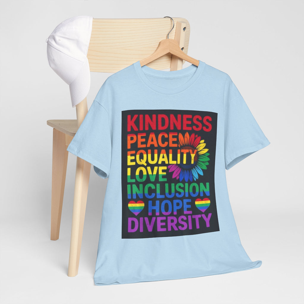 Kindness Peace Equality Rainbow T-Shirt — Pride Inclusion & Diversity Tee