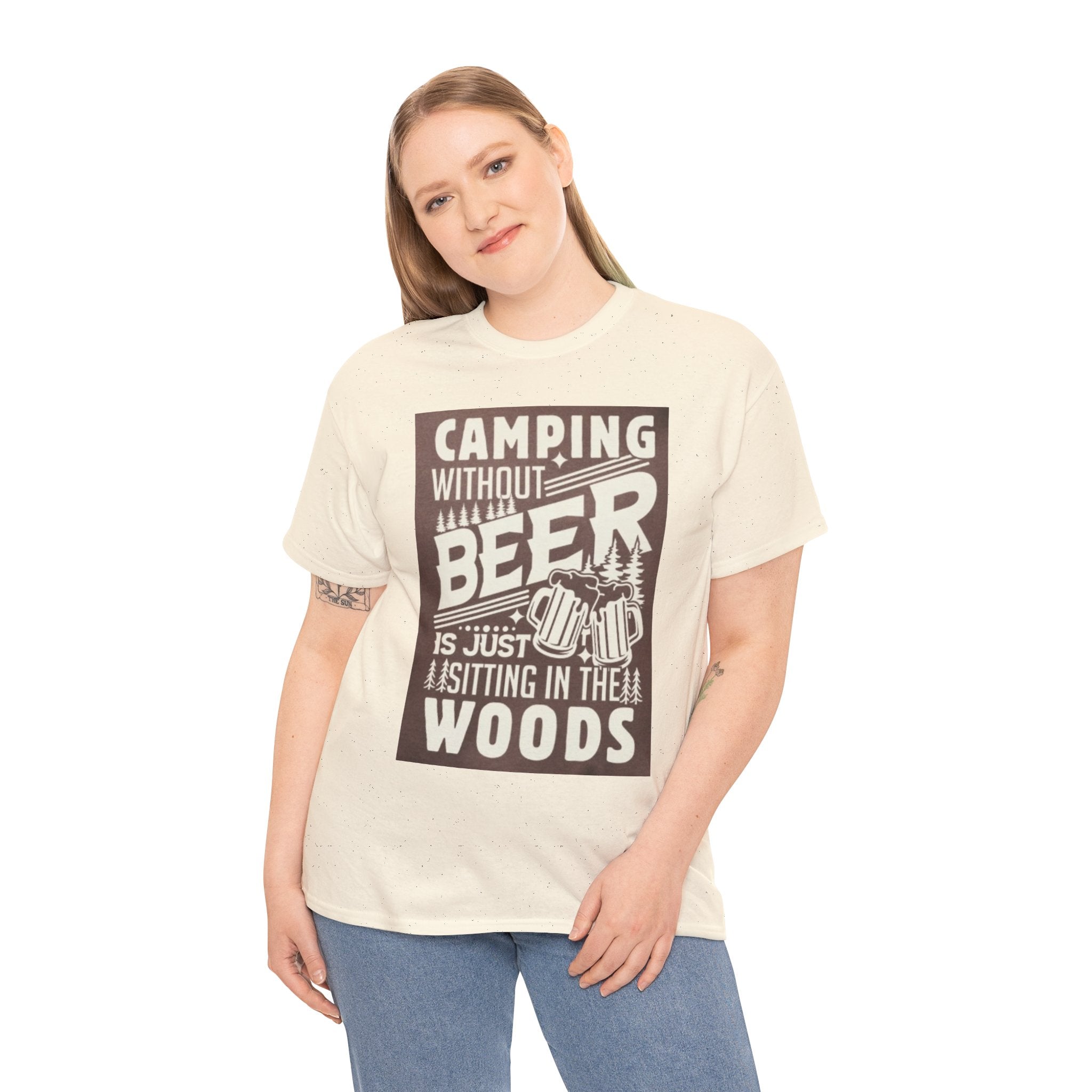 Camping Beer T-Shirt — "Camping Without Beer Is Just Sitting in the Woods" Outdoor Campfire Tee