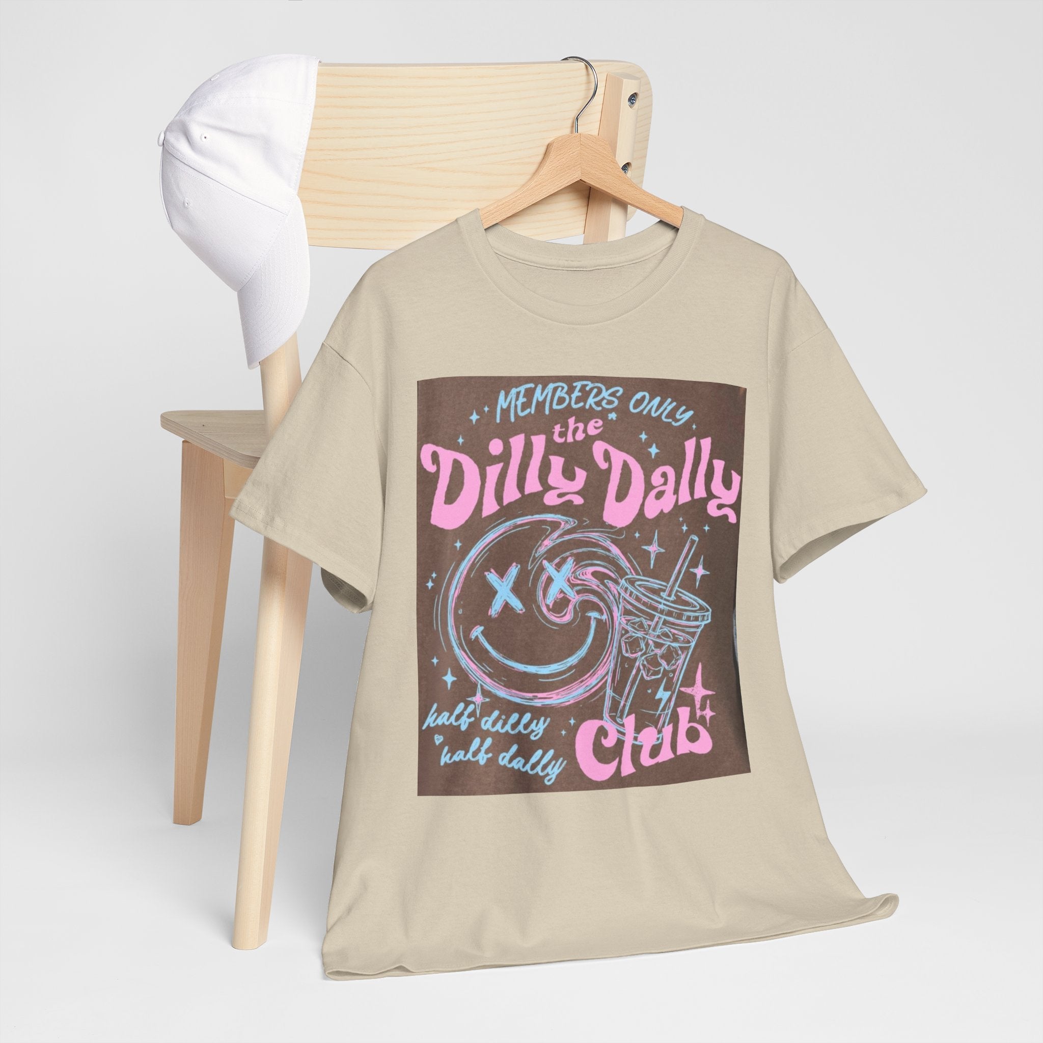 Dilly Dally Club Graphic Tee — Retro Pastel Drink & Moon Design