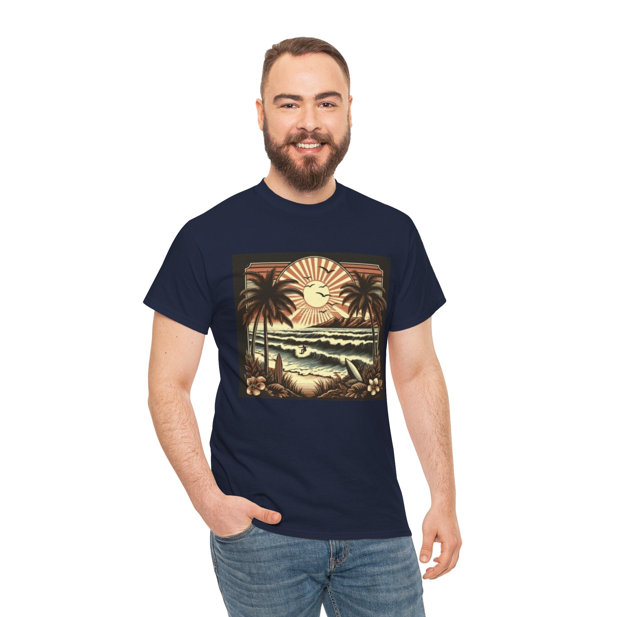 Retro Tropical Beach T-Shirt — Vintage Palm Sunset Graphic Tee