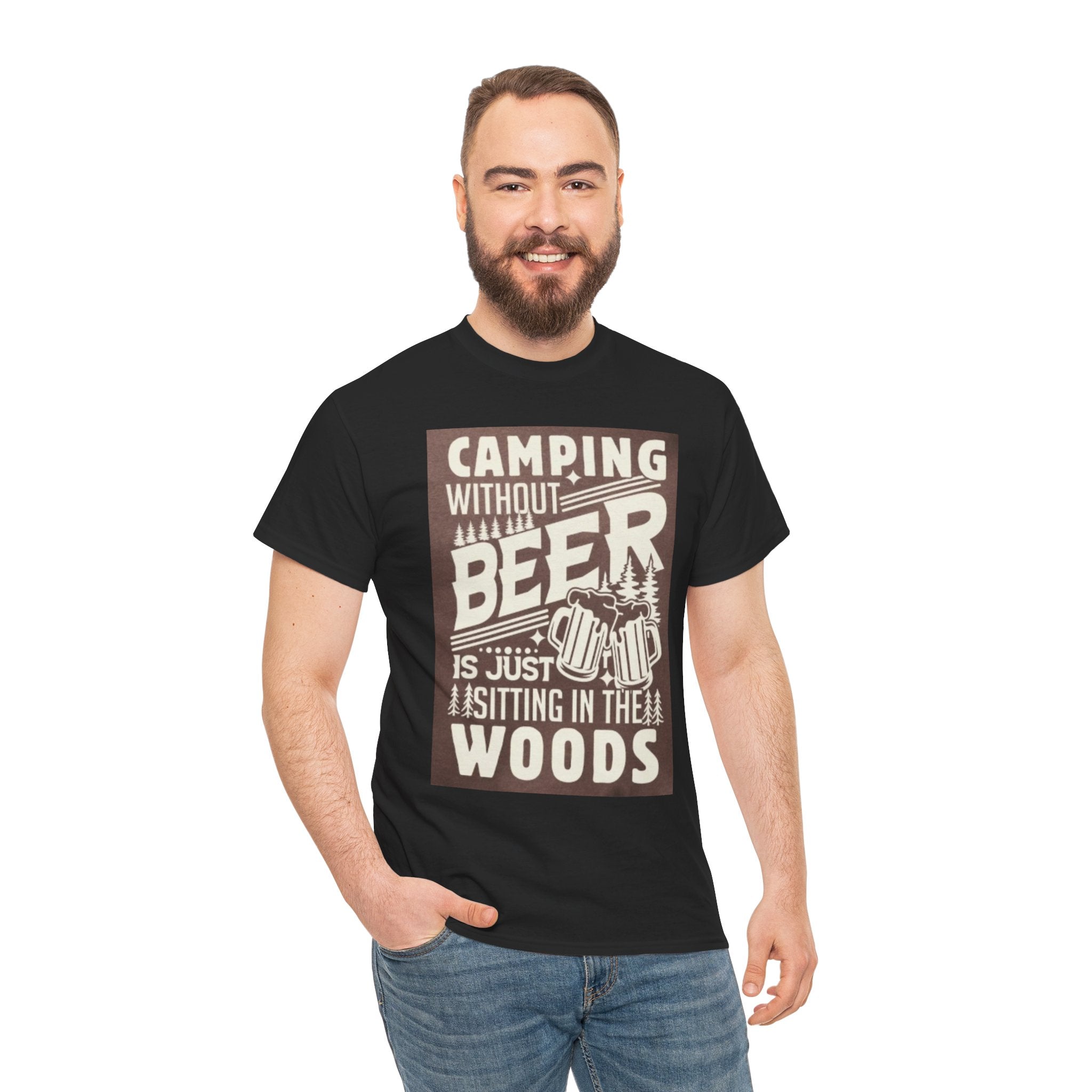 Camping Beer T-Shirt — "Camping Without Beer Is Just Sitting in the Woods" Outdoor Campfire Tee