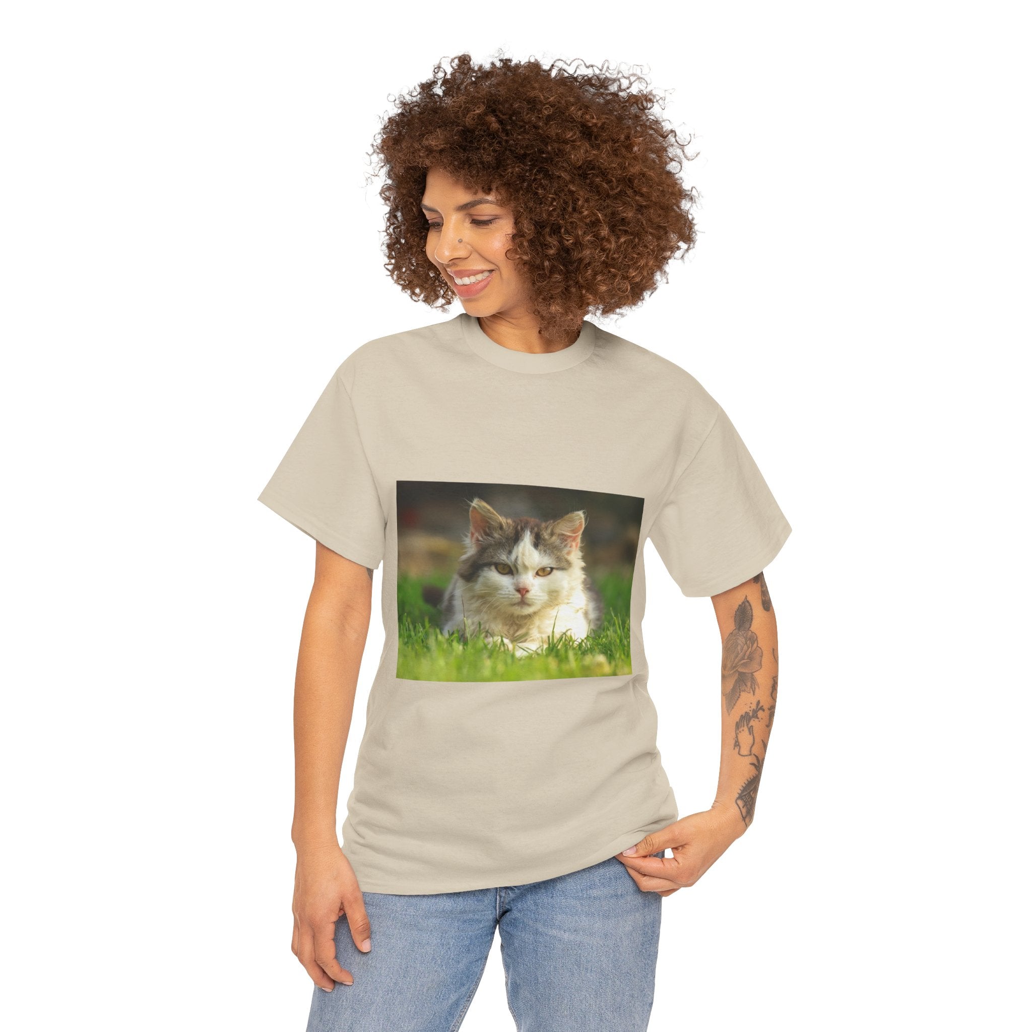 Cat Photo Tee — Relaxed Cat Lying in Grass T-Shirt