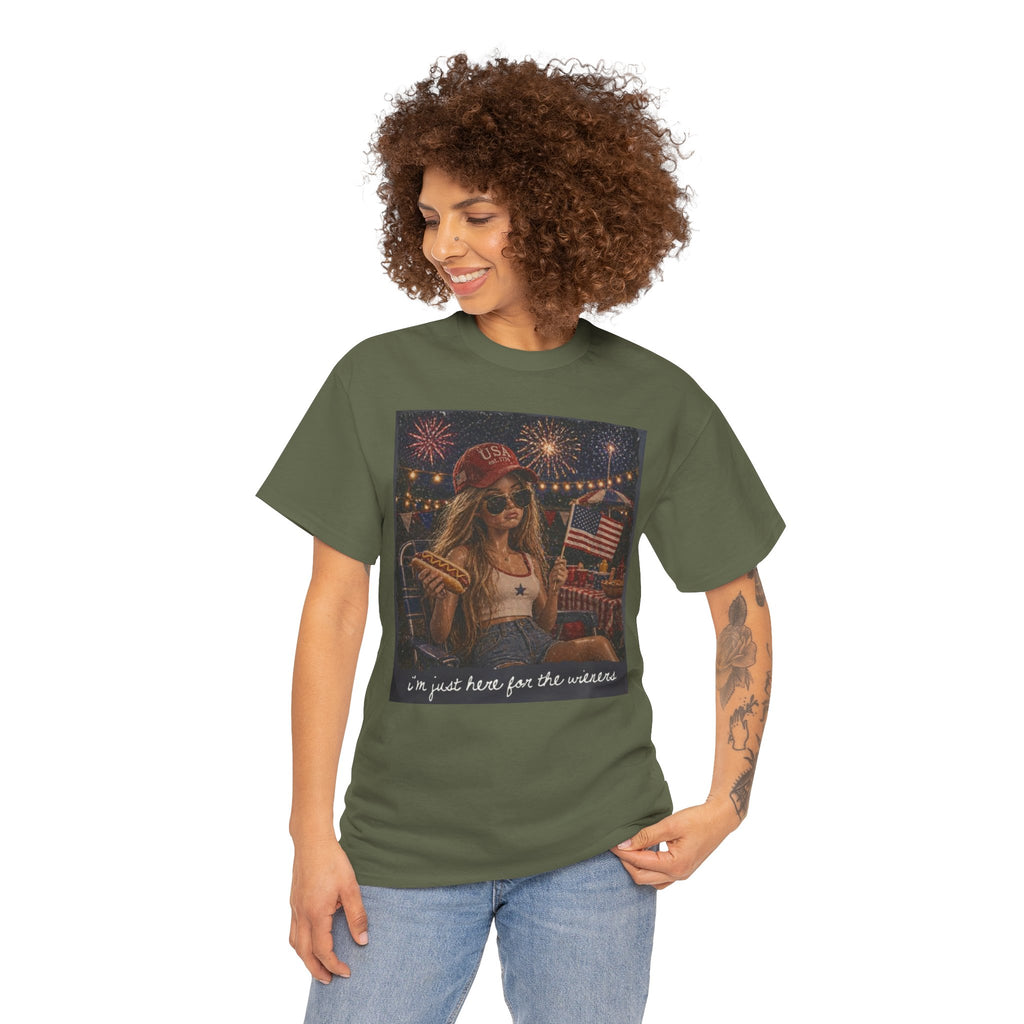 Patriotic Girl Graphic Tee — "I'm Just Here for the Fireworks" 4th of July Shirt