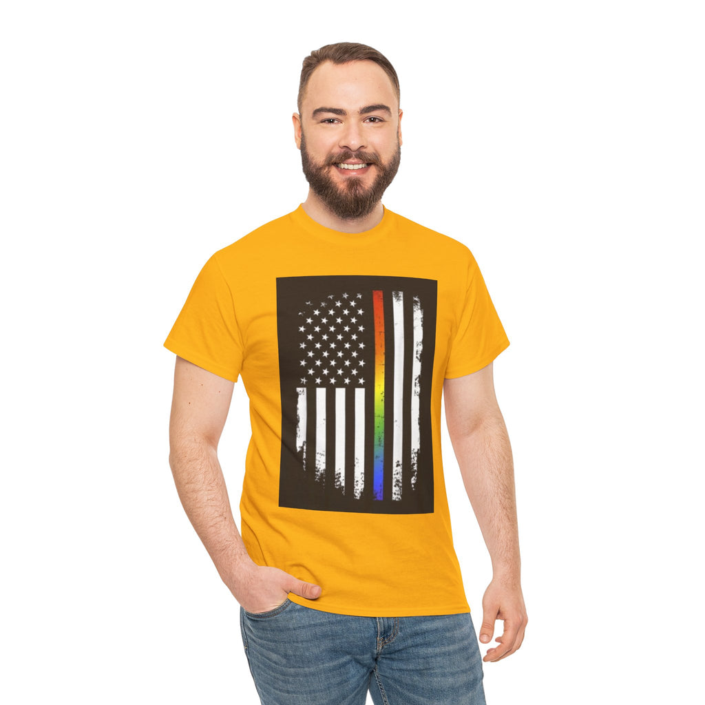 LGBTQ+ Pride Flag T‑Shirt — Distressed American Flag with Rainbow Stripe