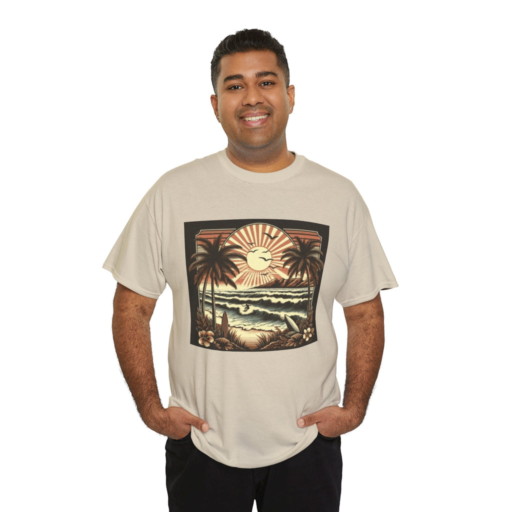 Retro Tropical Beach T-Shirt — Vintage Palm Sunset Graphic Tee