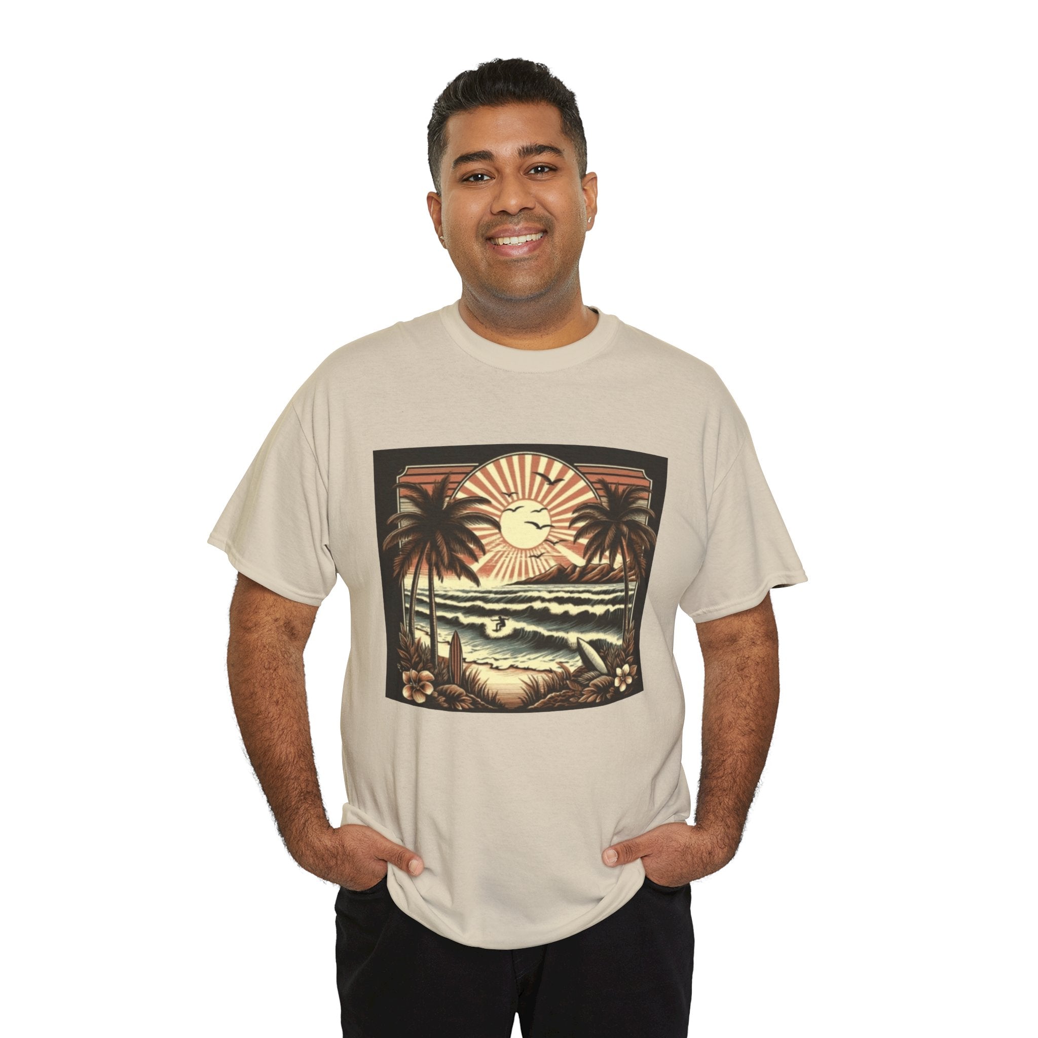 Retro Tropical Beach T-Shirt — Vintage Palm Sunset Graphic Tee