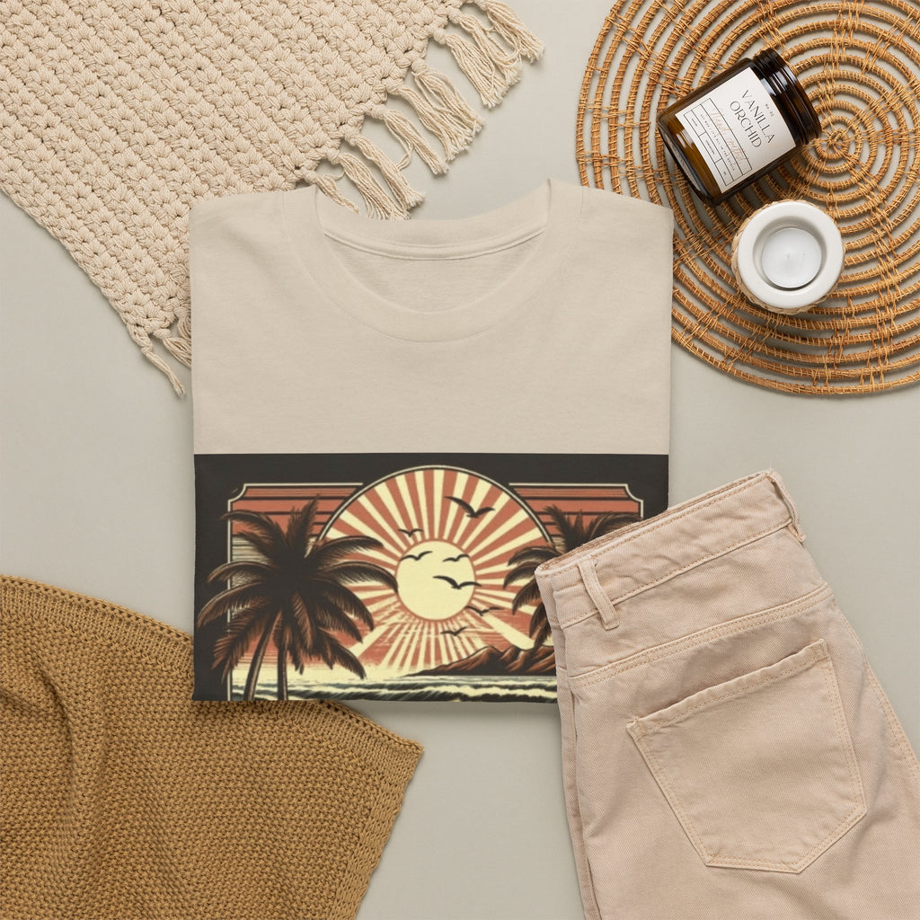 Retro Tropical Beach T-Shirt — Vintage Palm Sunset Graphic Tee