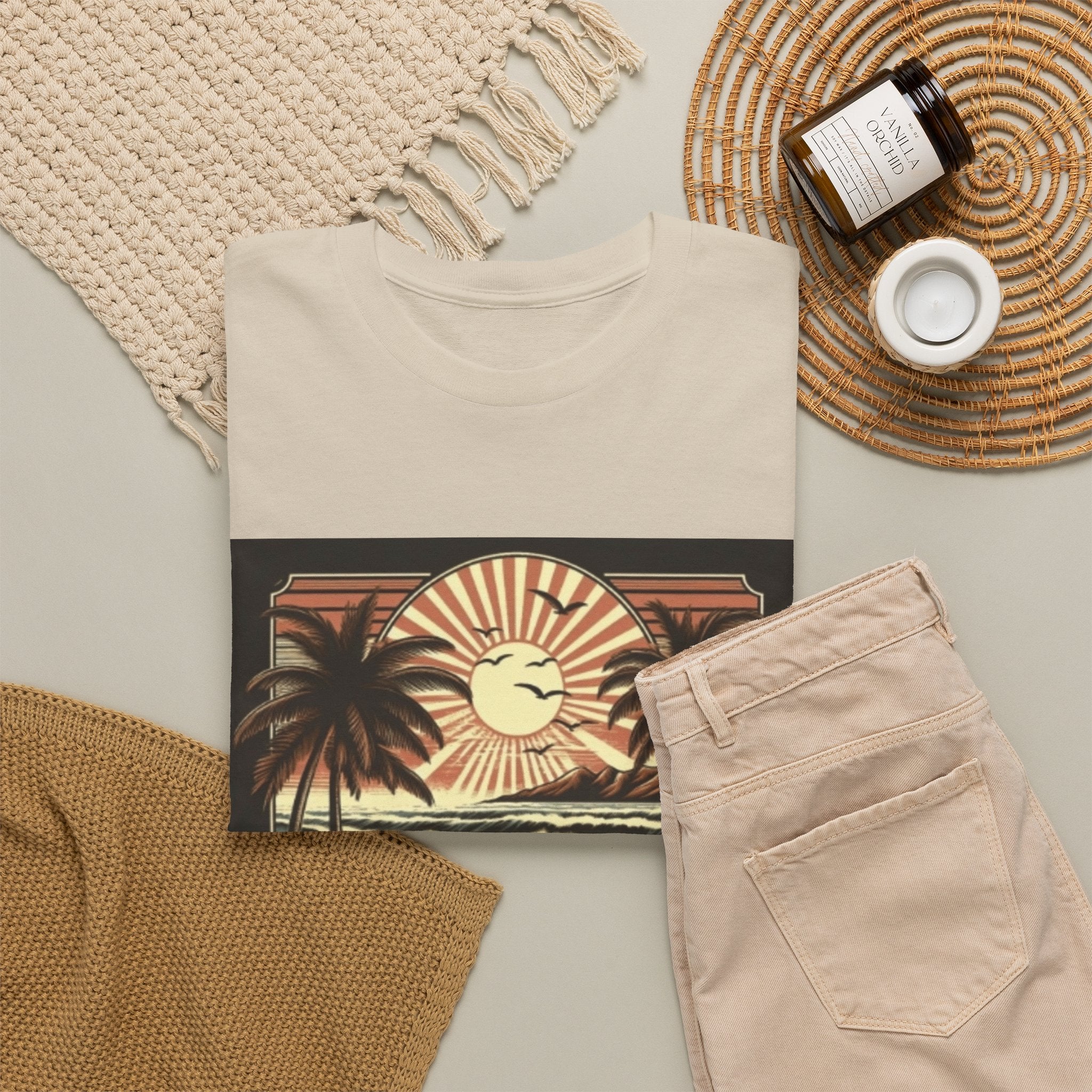 Retro Tropical Beach T-Shirt — Vintage Palm Sunset Graphic Tee