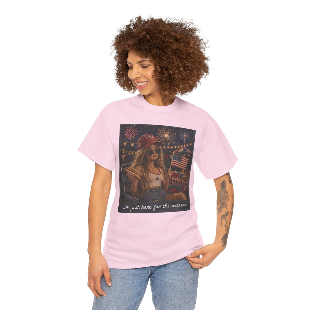 Patriotic Girl Graphic Tee — "I'm Just Here for the Fireworks" 4th of July Shirt