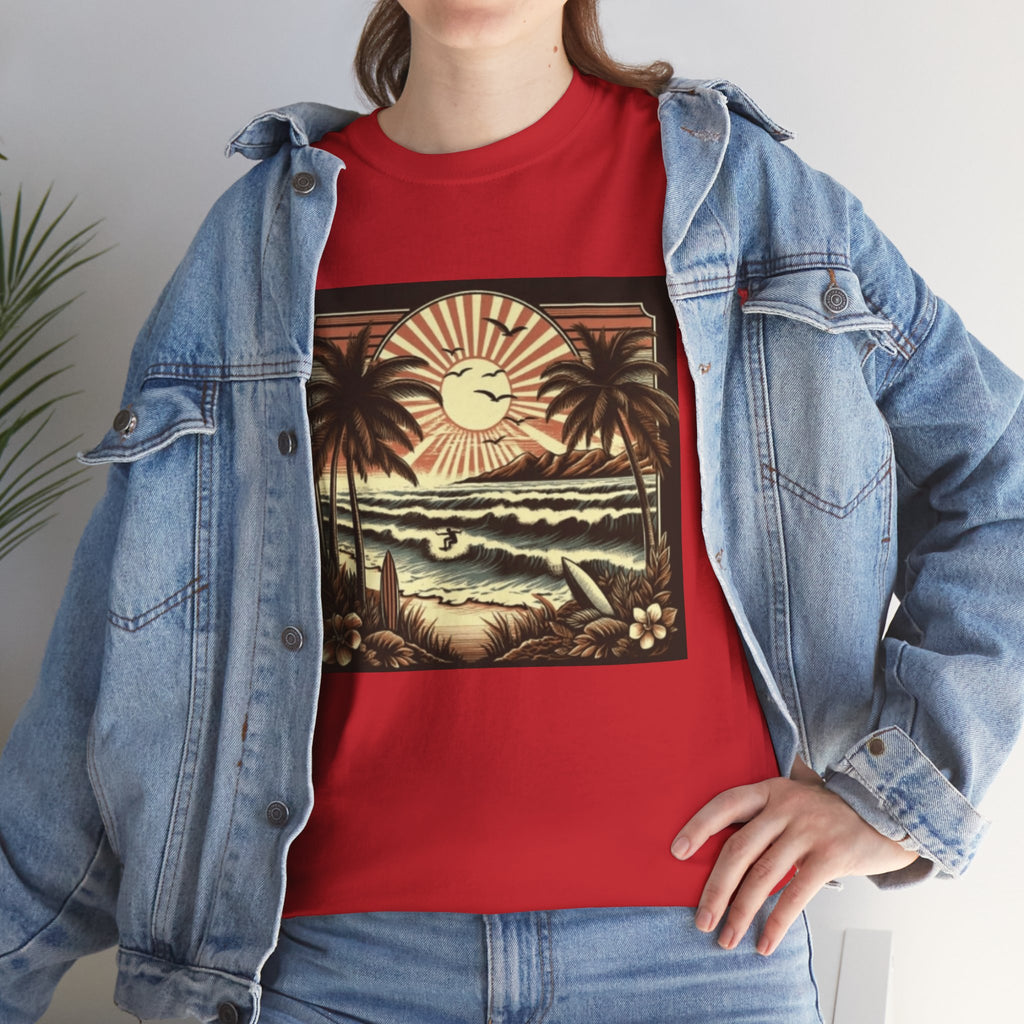 Retro Tropical Beach T-Shirt — Vintage Palm Sunset Graphic Tee