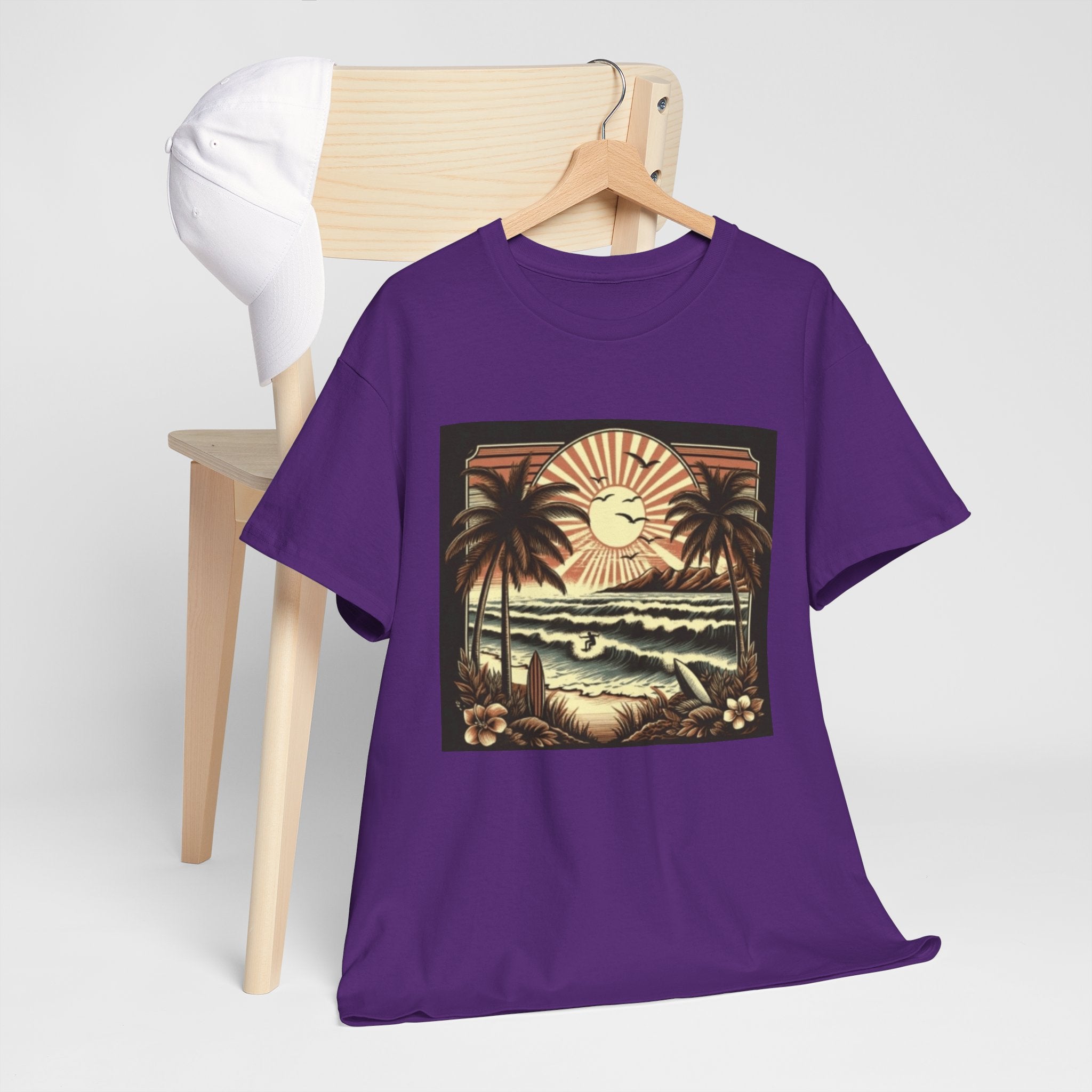 Retro Tropical Beach T-Shirt — Vintage Palm Sunset Graphic Tee