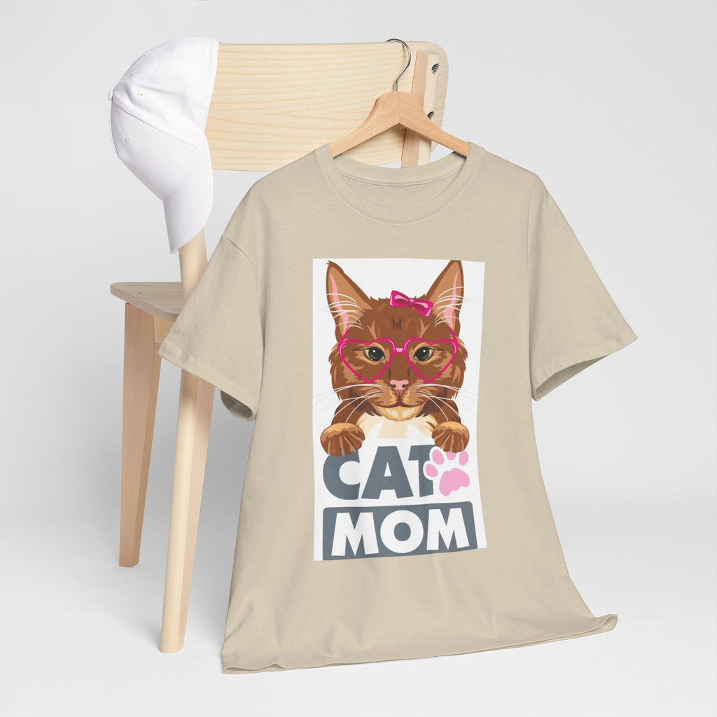 Cat Mom T-Shirt — Cute Cat Face Graphic Tee with "CAT MOM" Paw Print