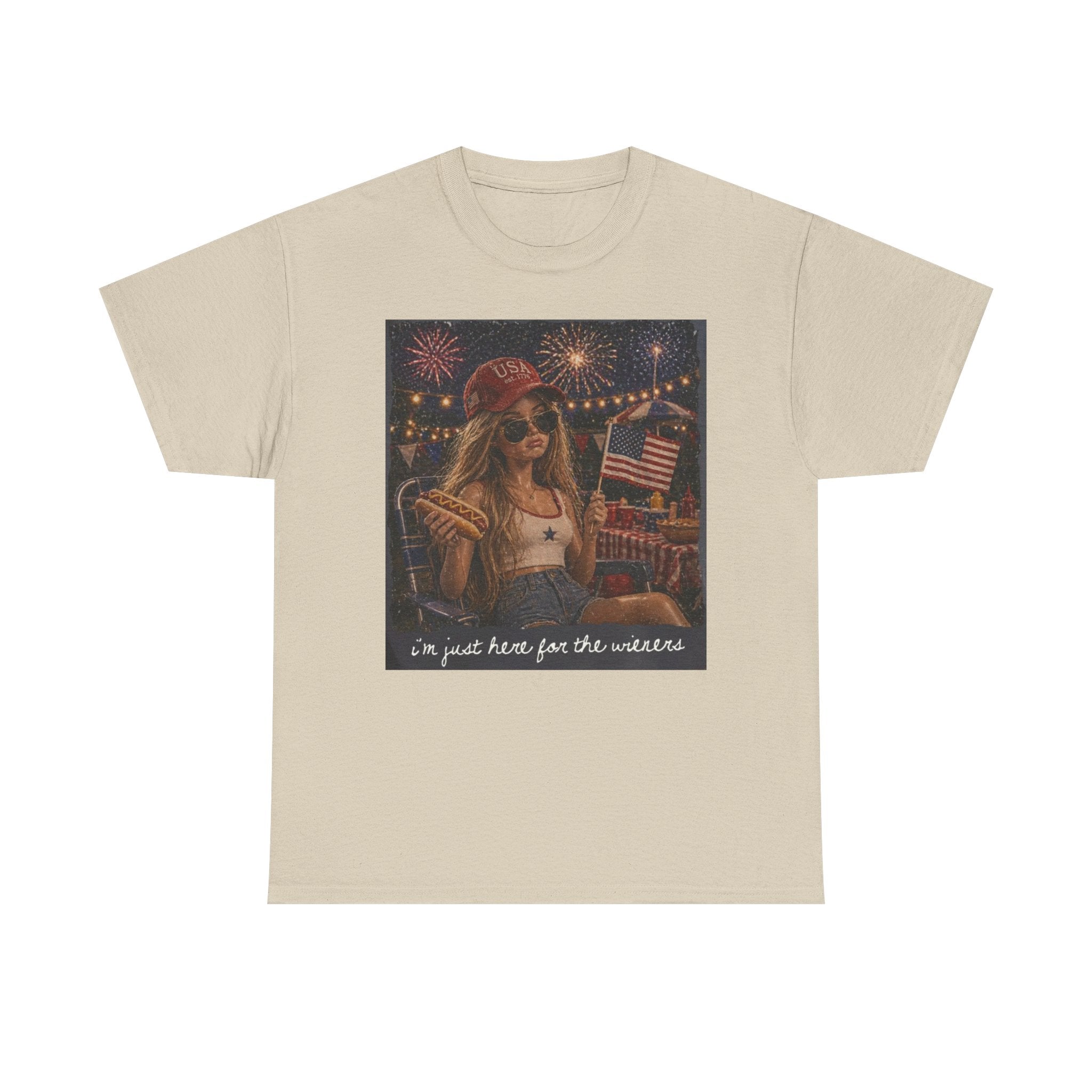 Patriotic Girl Graphic Tee — "I'm Just Here for the Fireworks" 4th of July Shirt