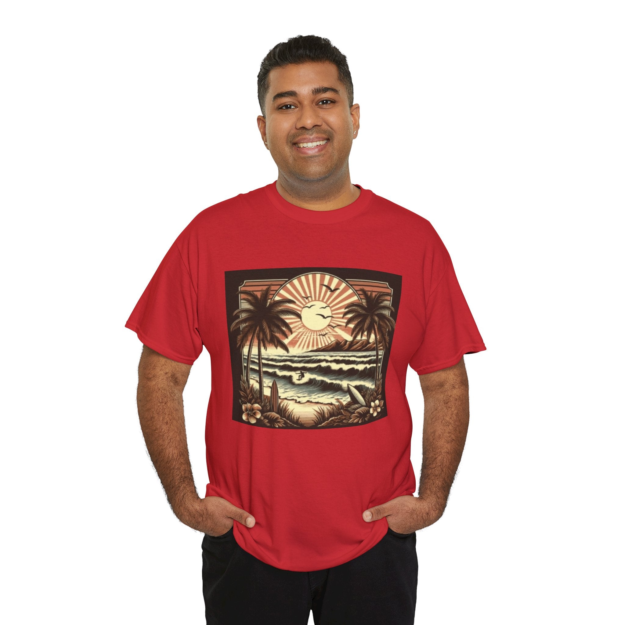 Retro Tropical Beach T-Shirt — Vintage Palm Sunset Graphic Tee