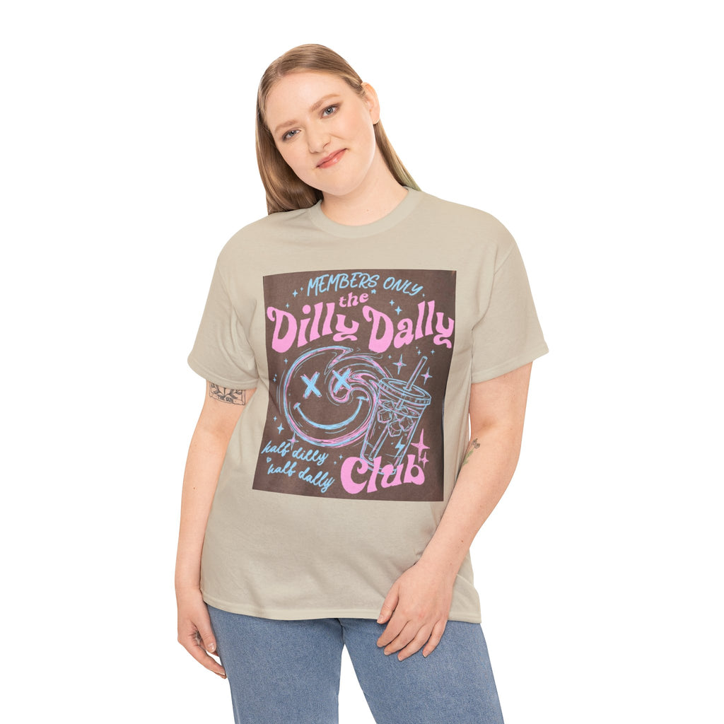 Dilly Dally Club Graphic Tee — Retro Pastel Drink & Moon Design