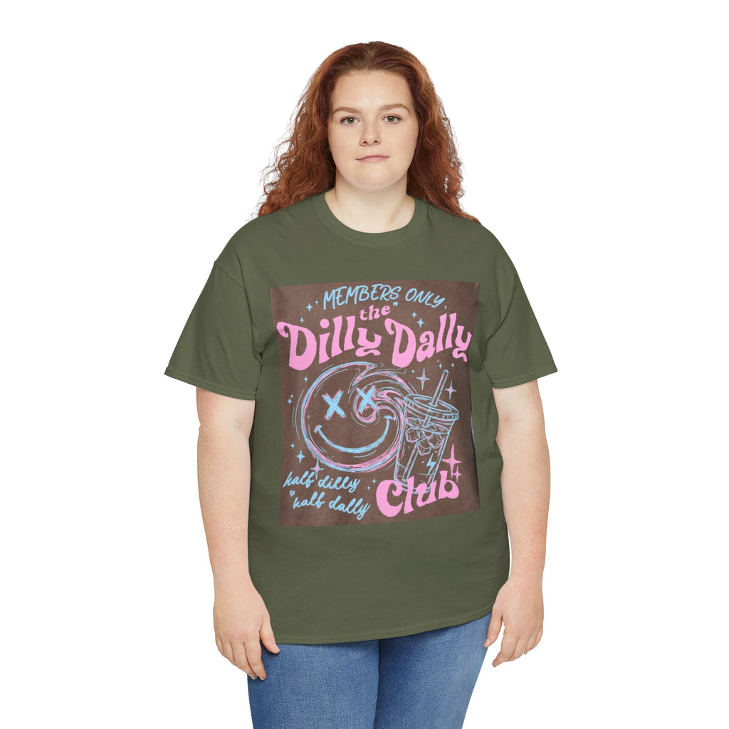 Dilly Dally Club Graphic Tee — Retro Pastel Drink & Moon Design