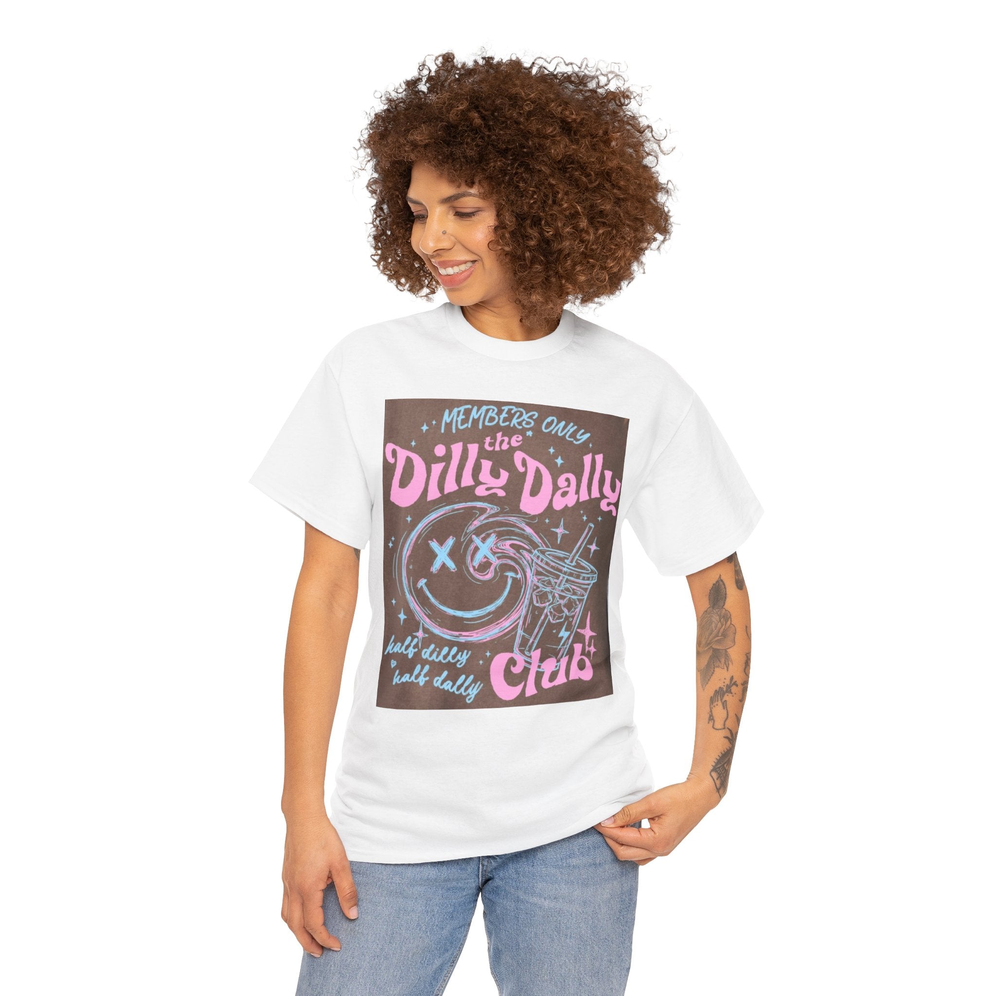 Dilly Dally Club Graphic Tee — Retro Pastel Drink & Moon Design