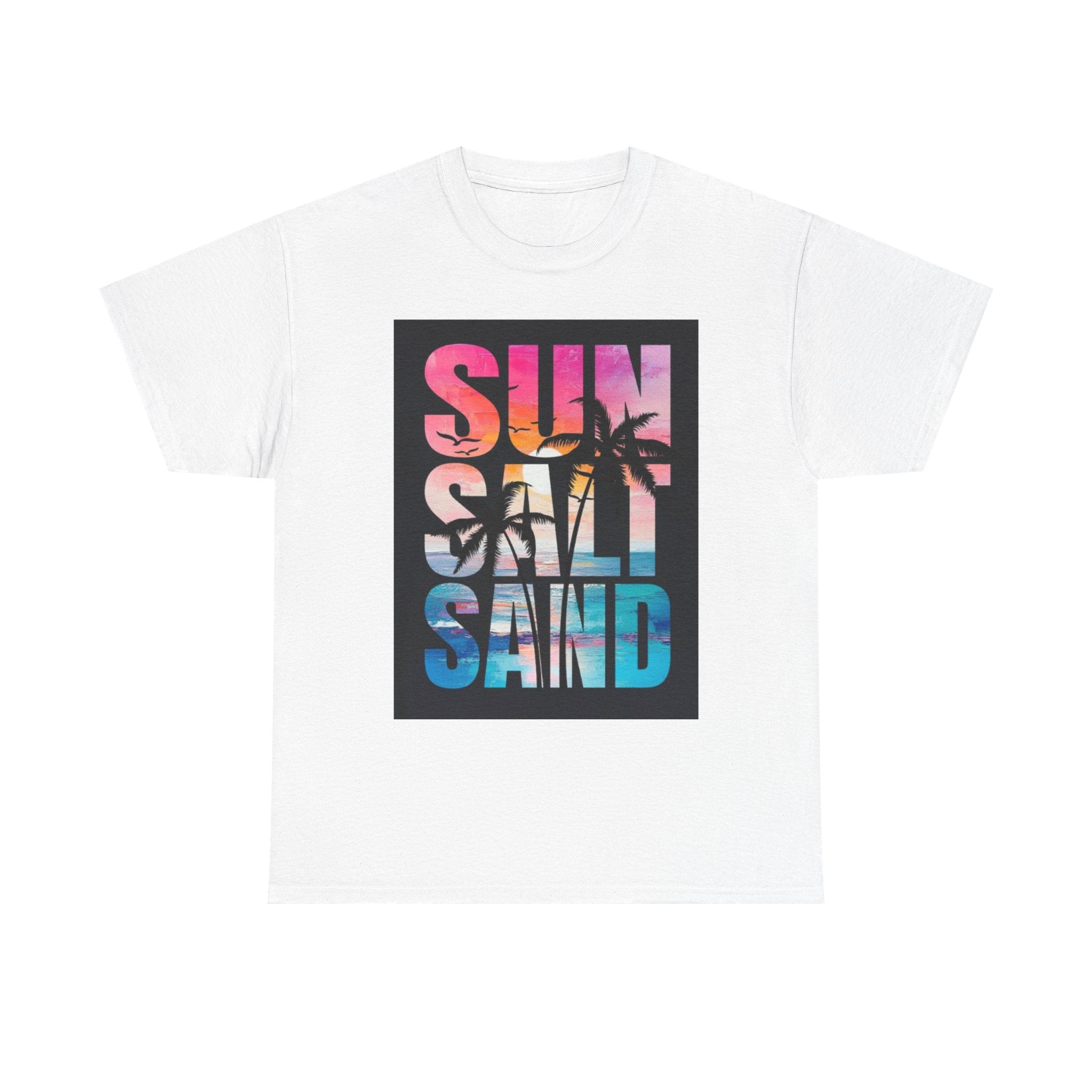 Sun Salt Sand Beach T-Shirt — Tropical Palm Sunset Graphic Tee