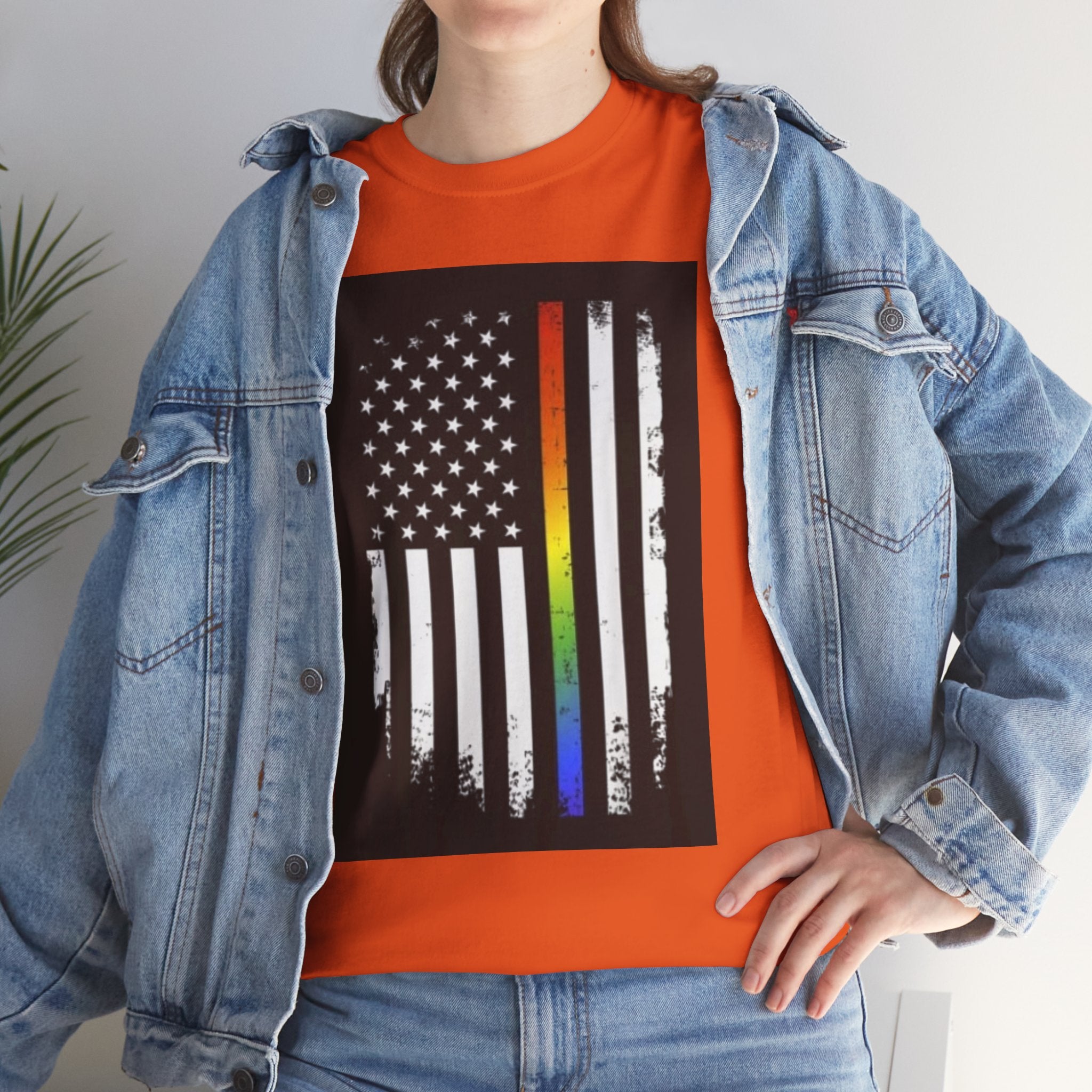 LGBTQ+ Pride Flag T‑Shirt — Distressed American Flag with Rainbow Stripe