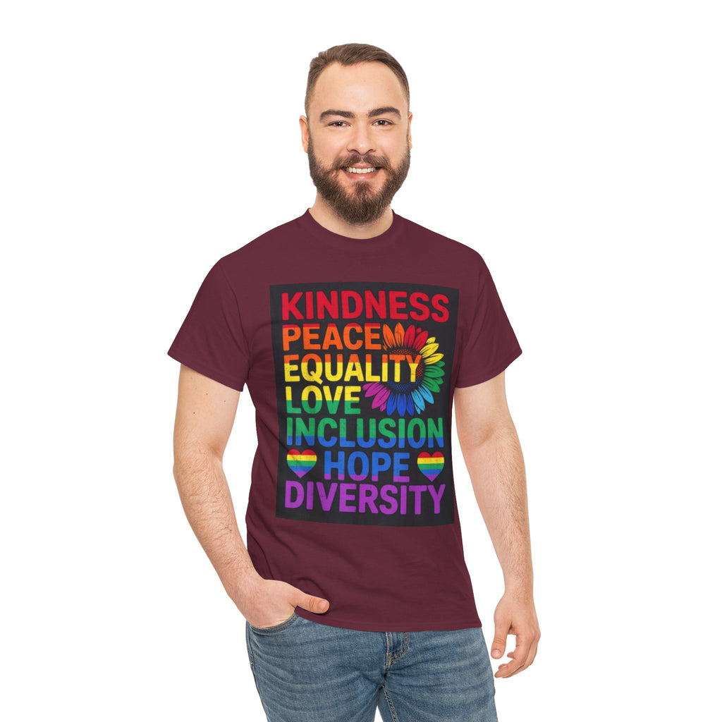 Kindness Peace Equality Rainbow T-Shirt — Pride Inclusion & Diversity Tee