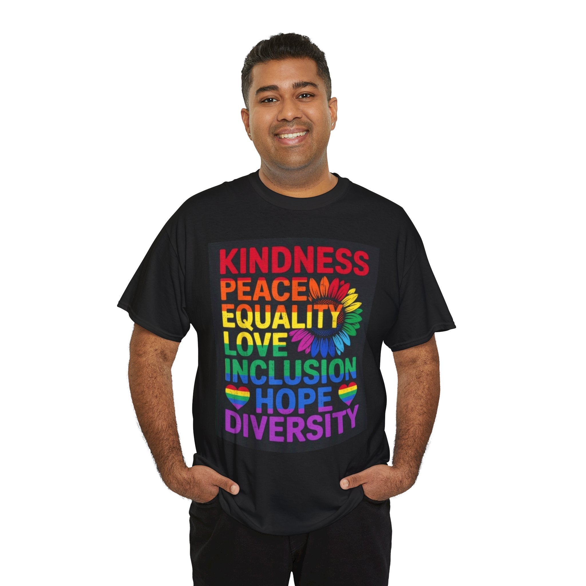 Kindness Peace Equality Rainbow T-Shirt — Pride Inclusion & Diversity Tee