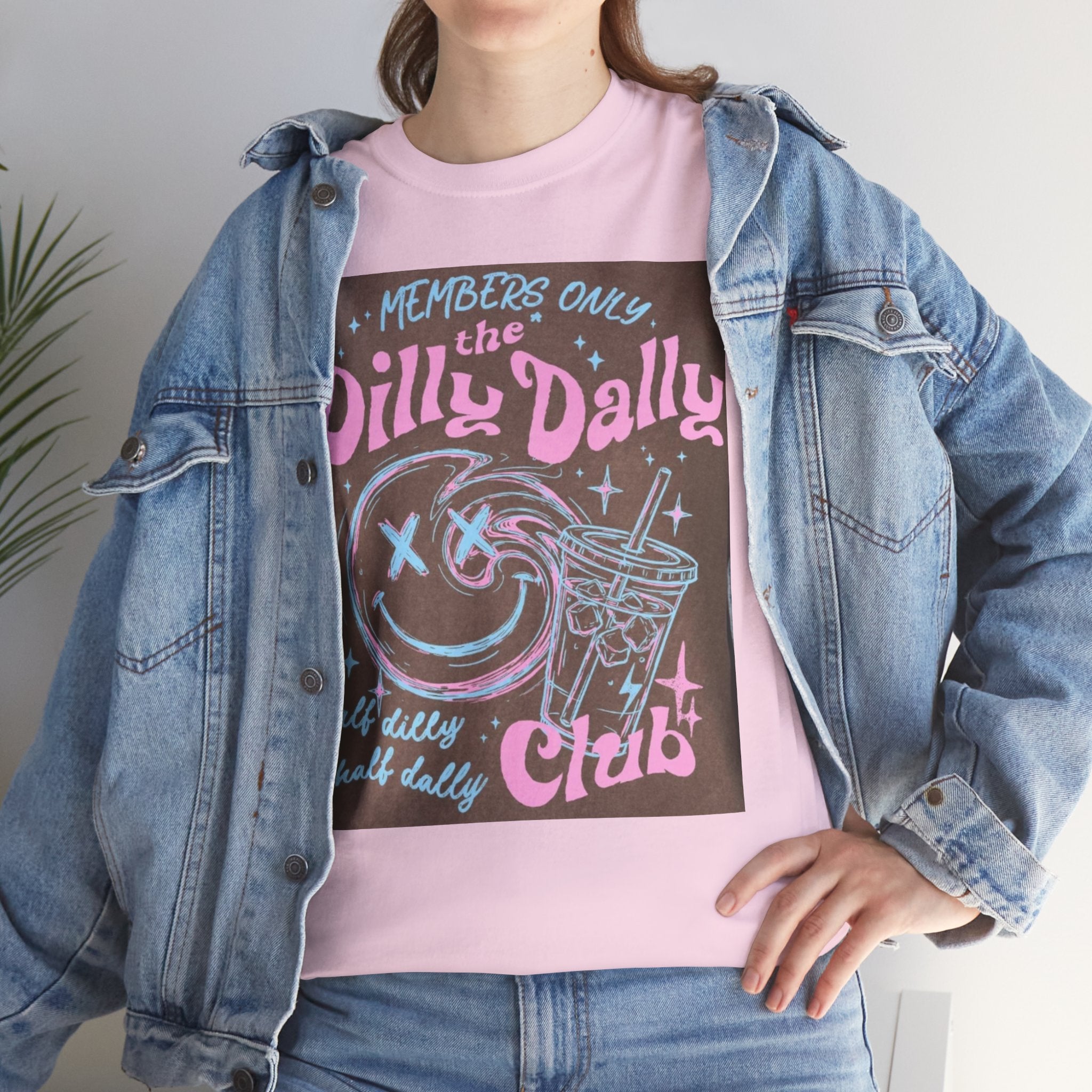 Dilly Dally Club Graphic Tee — Retro Pastel Drink & Moon Design