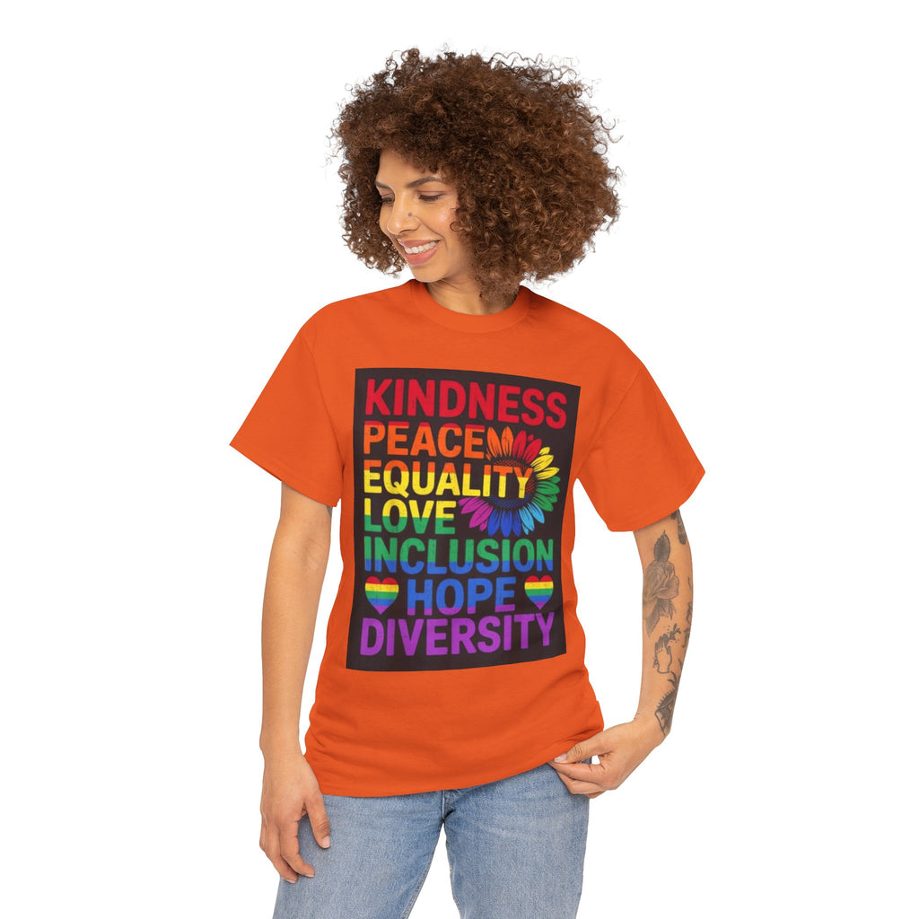 Kindness Peace Equality Rainbow T-Shirt — Pride Inclusion & Diversity Tee