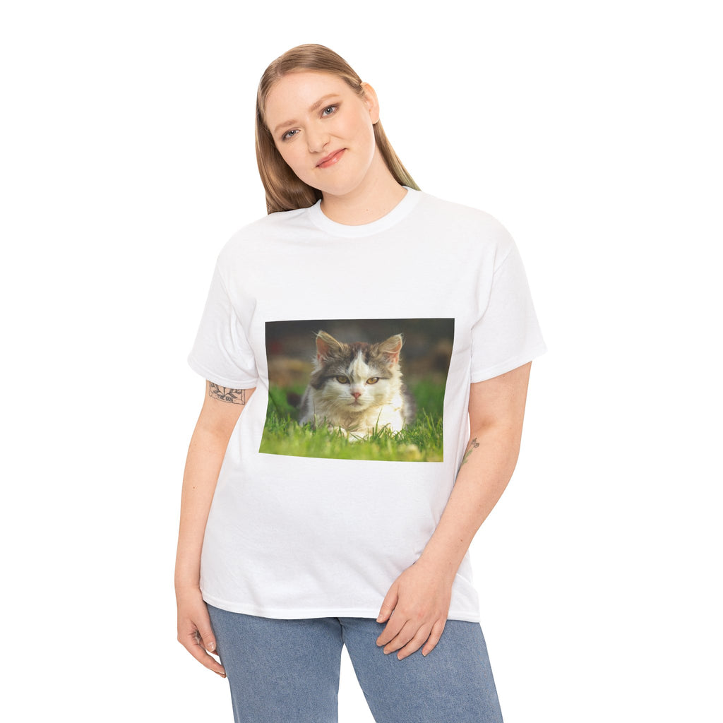 Cat Photo Tee — Relaxed Cat Lying in Grass T-Shirt