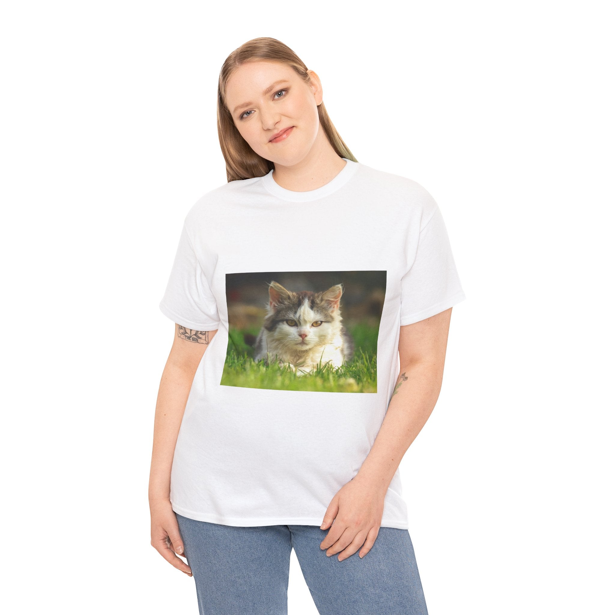 Cat Photo Tee — Relaxed Cat Lying in Grass T-Shirt