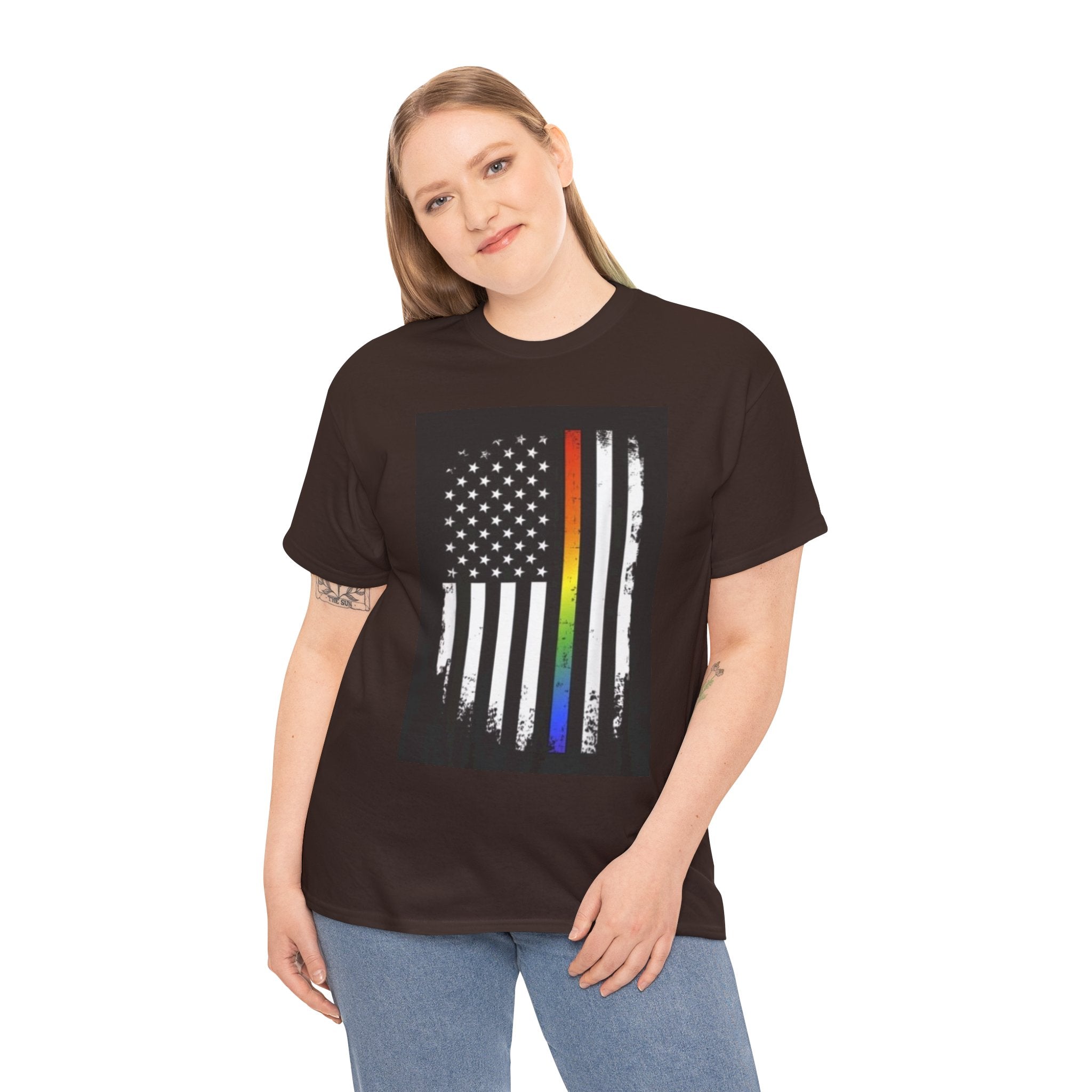 LGBTQ+ Pride Flag T‑Shirt — Distressed American Flag with Rainbow Stripe