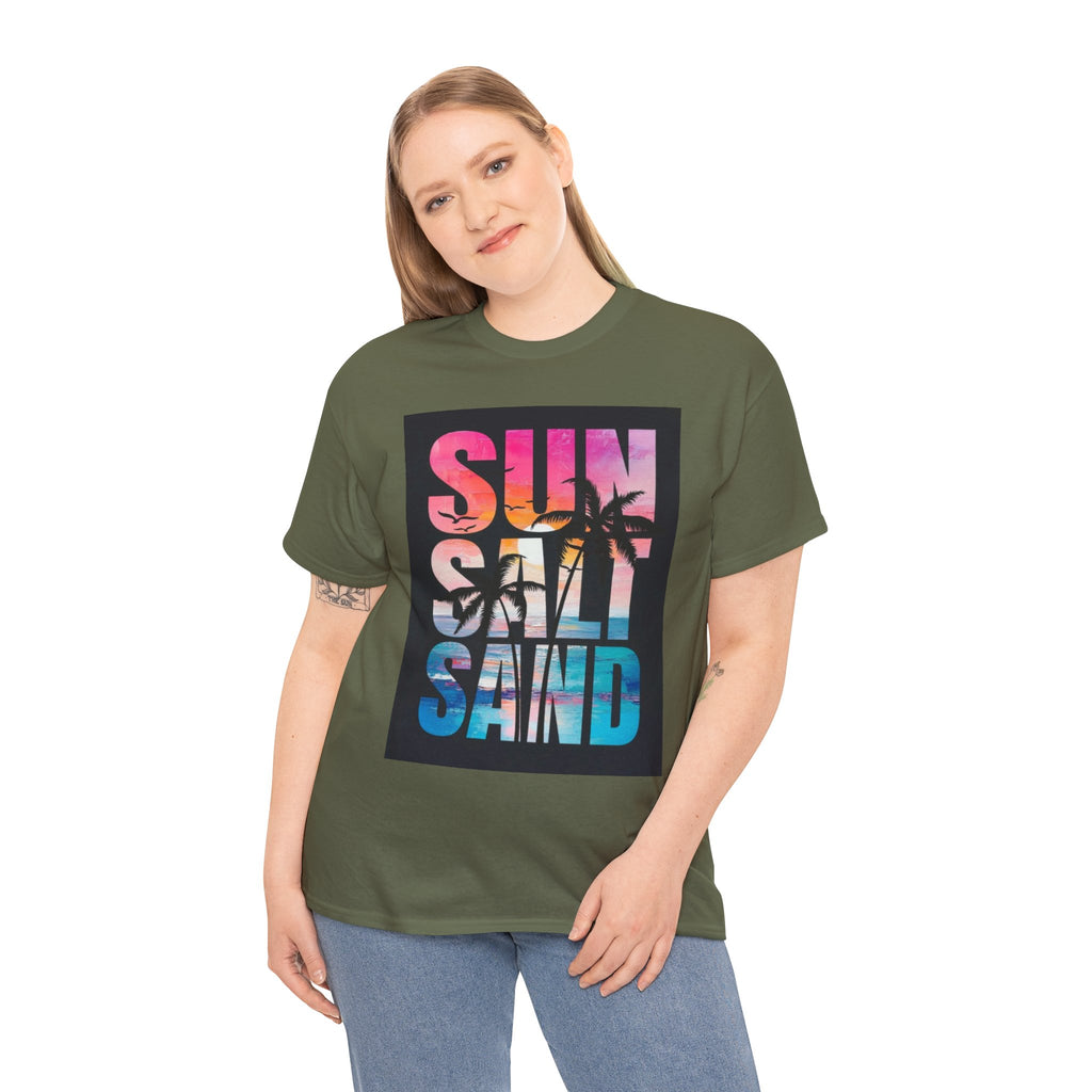 Sun Salt Sand Beach T-Shirt — Tropical Palm Sunset Graphic Tee
