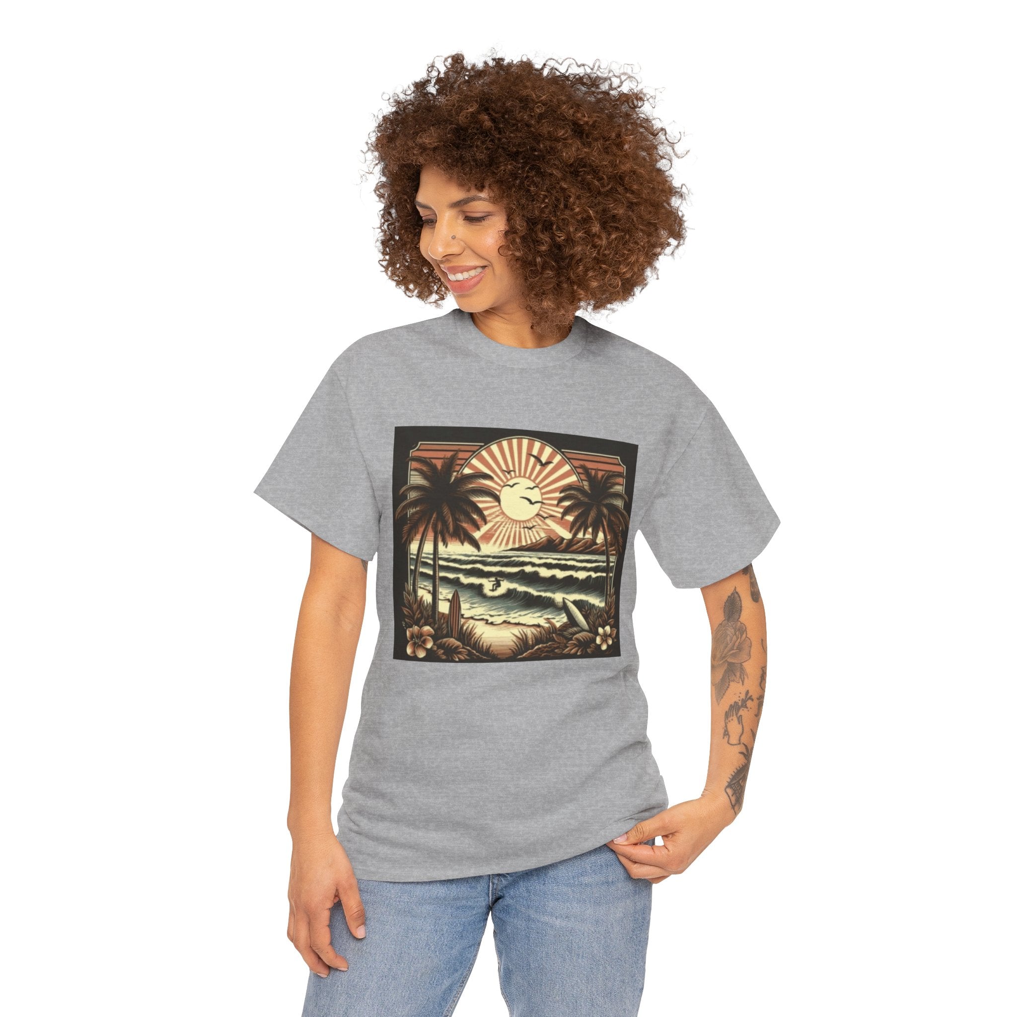 Retro Tropical Beach T-Shirt — Vintage Palm Sunset Graphic Tee