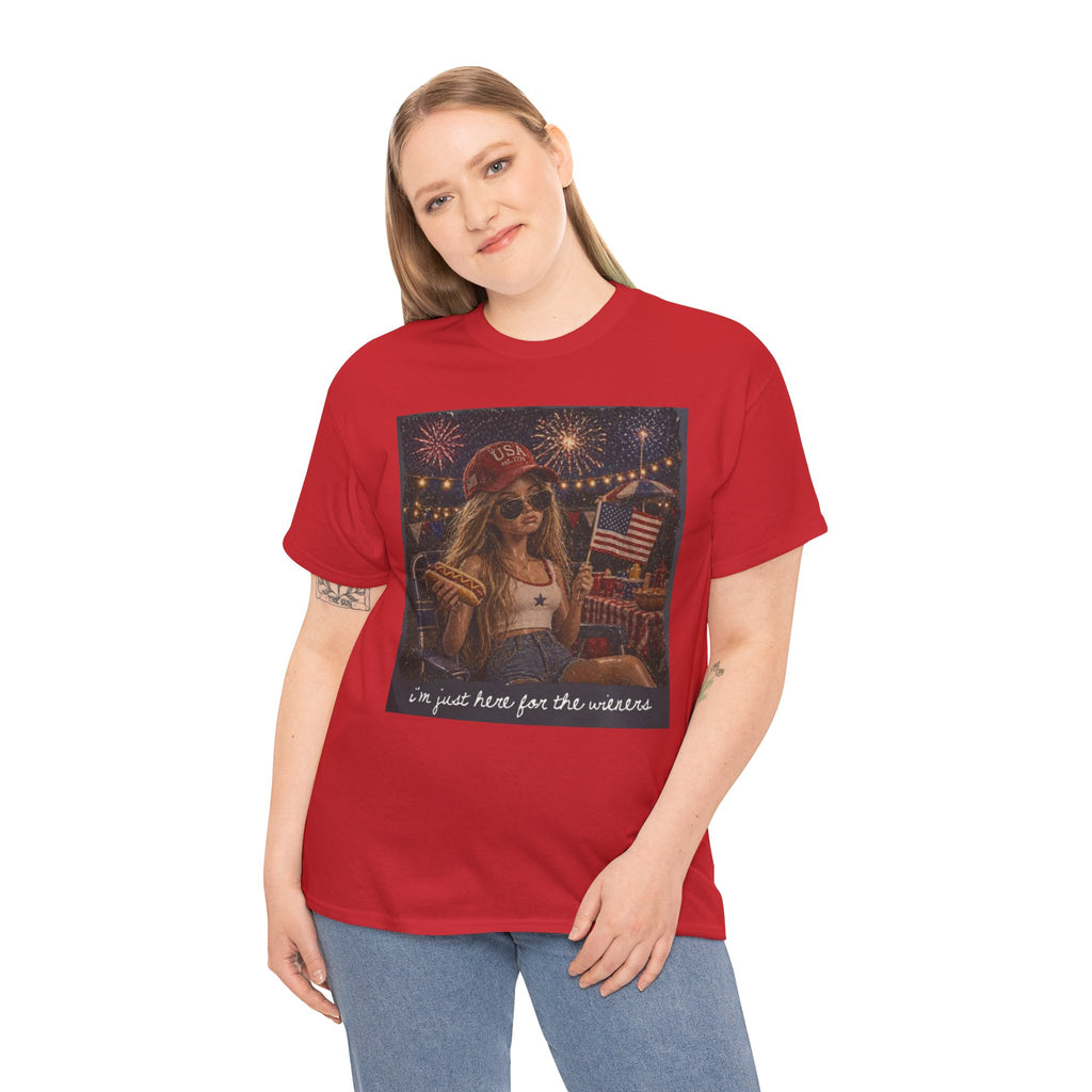 Patriotic Girl Graphic Tee — "I'm Just Here for the Fireworks" 4th of July Shirt