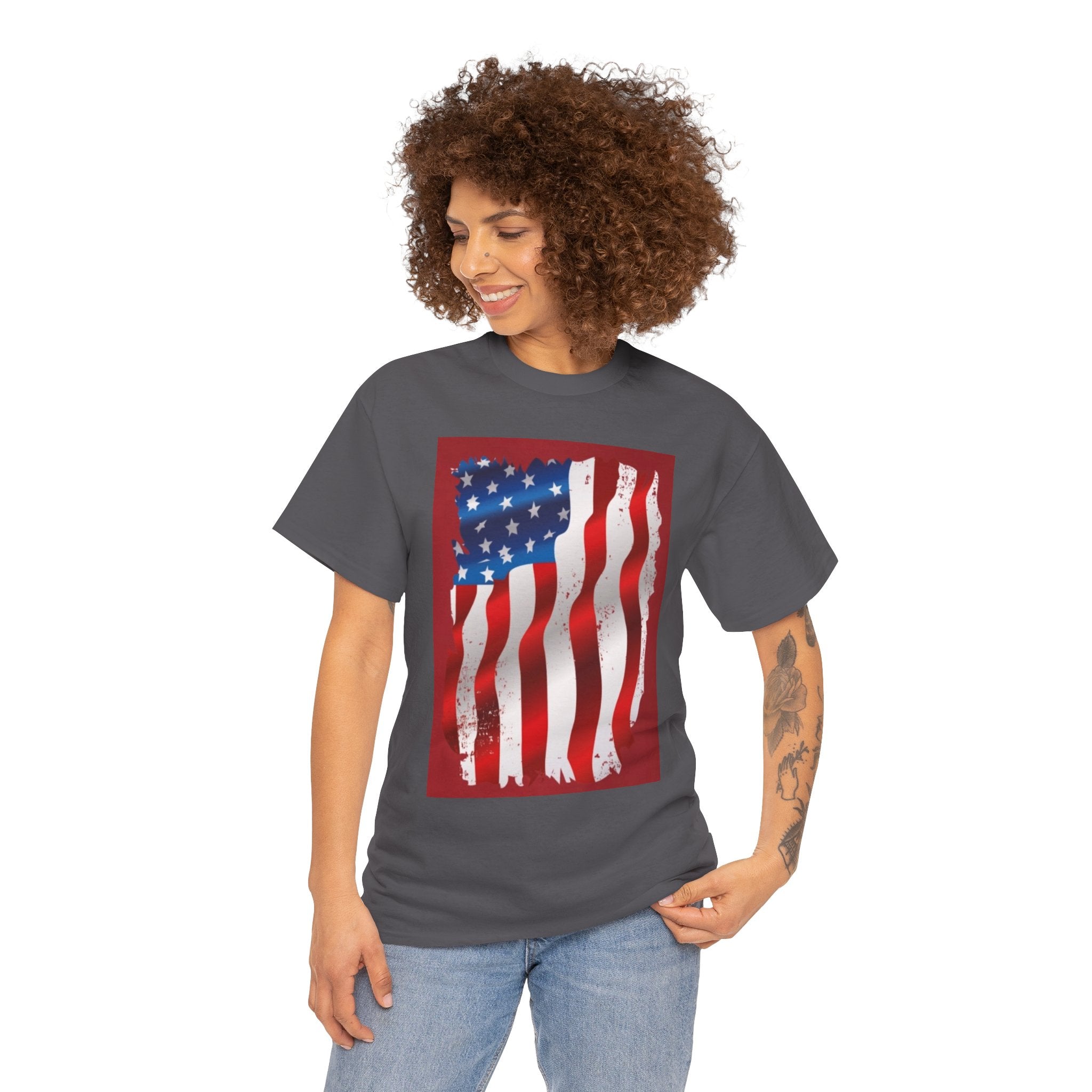 American Flag Graphic Tee — Distressed Wavy Stars & Stripes
