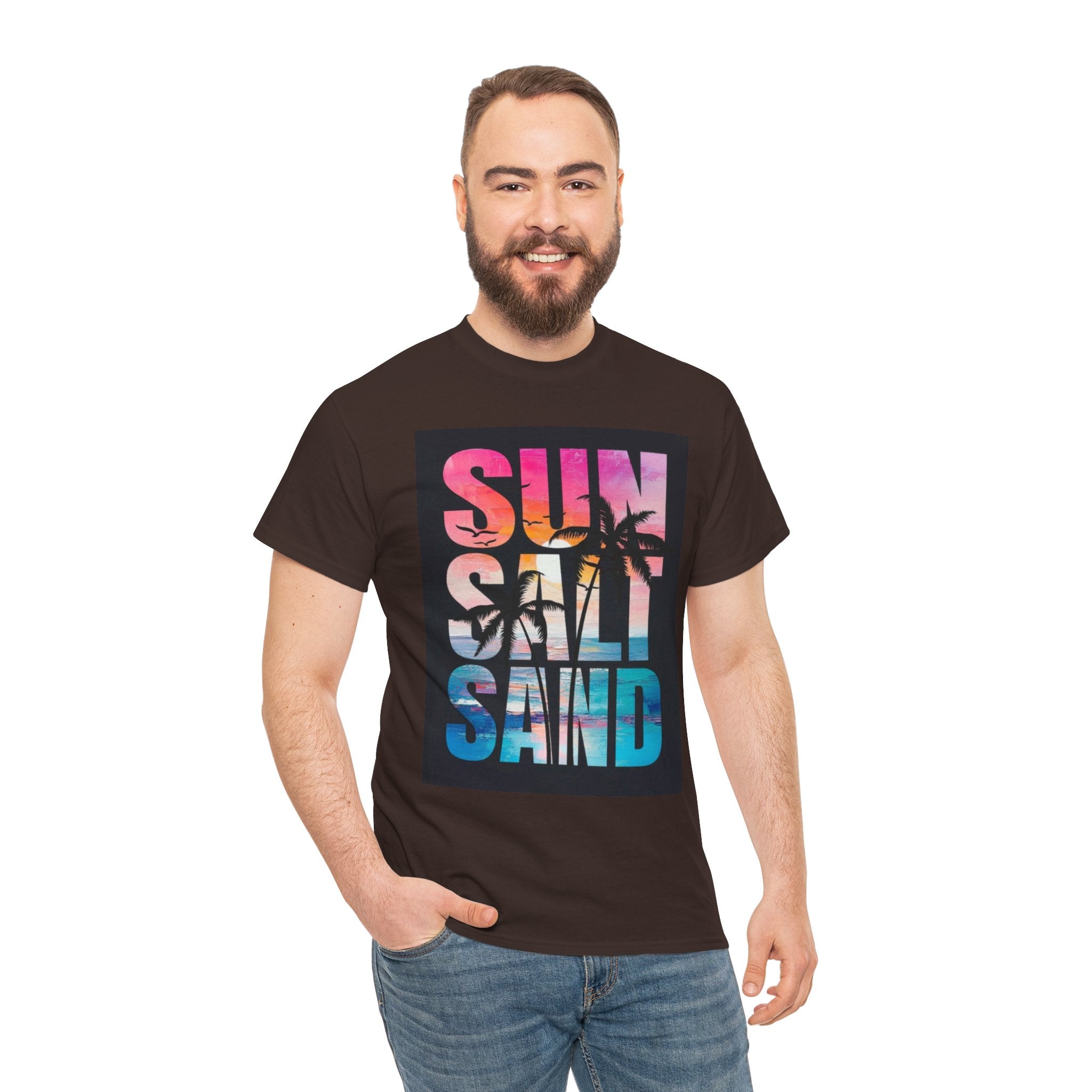 Sun Salt Sand Beach T-Shirt — Tropical Palm Sunset Graphic Tee